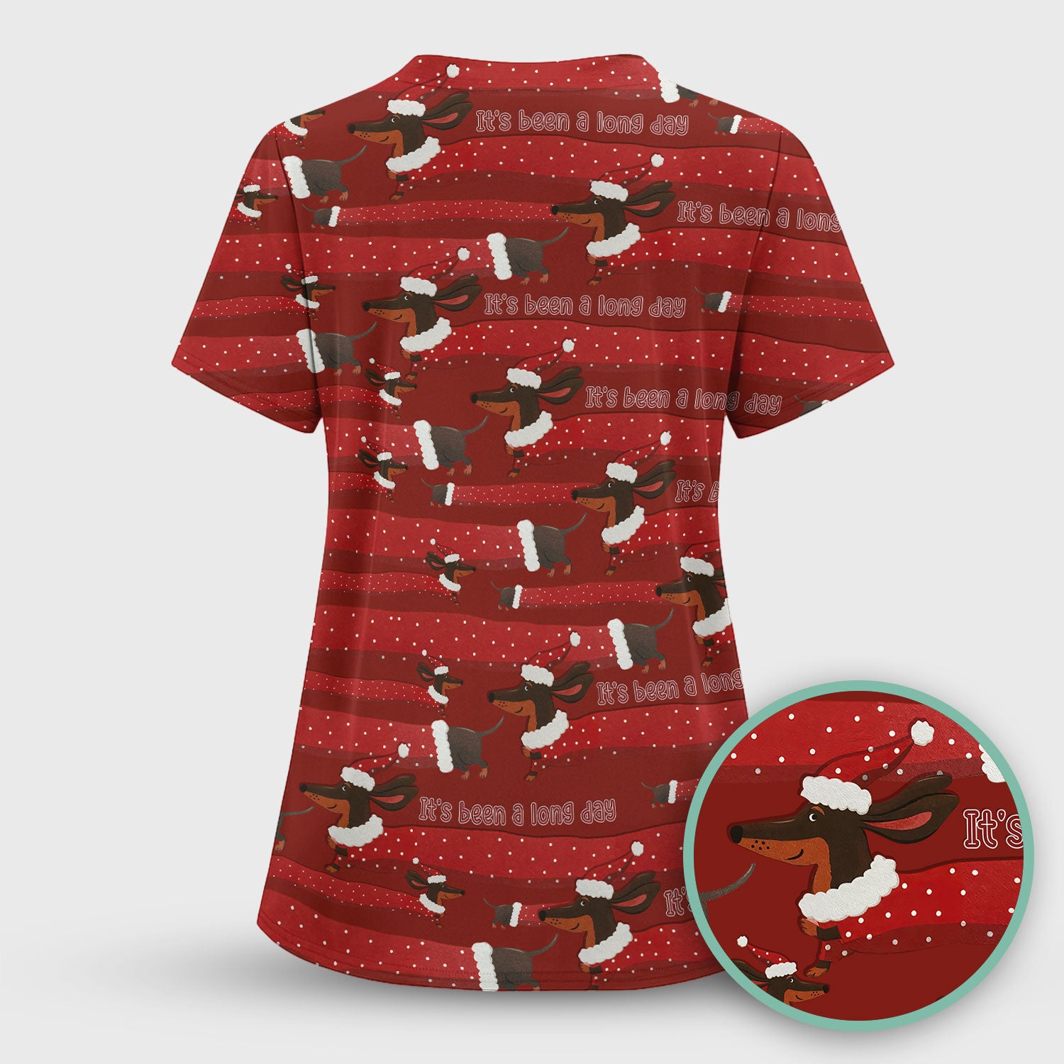Funny Dachshund Christmas Scrub Top - It's Been a Long Day Shirt - Cute Wiener Dog Holiday Medical Uniform for Women