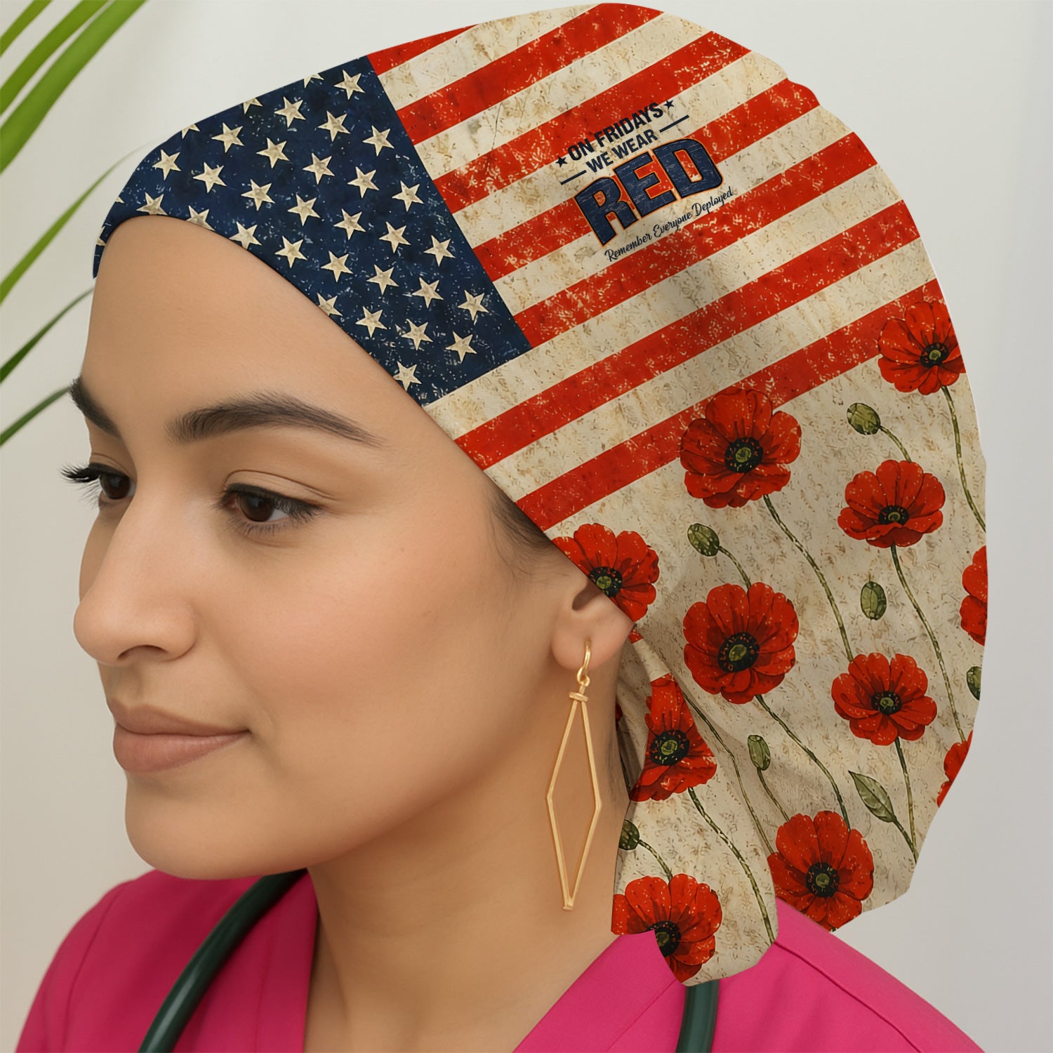 Patriotic American Flag Poppy Flower Pattern Nurse Scrub Cap, Surgical Caps for Doctors