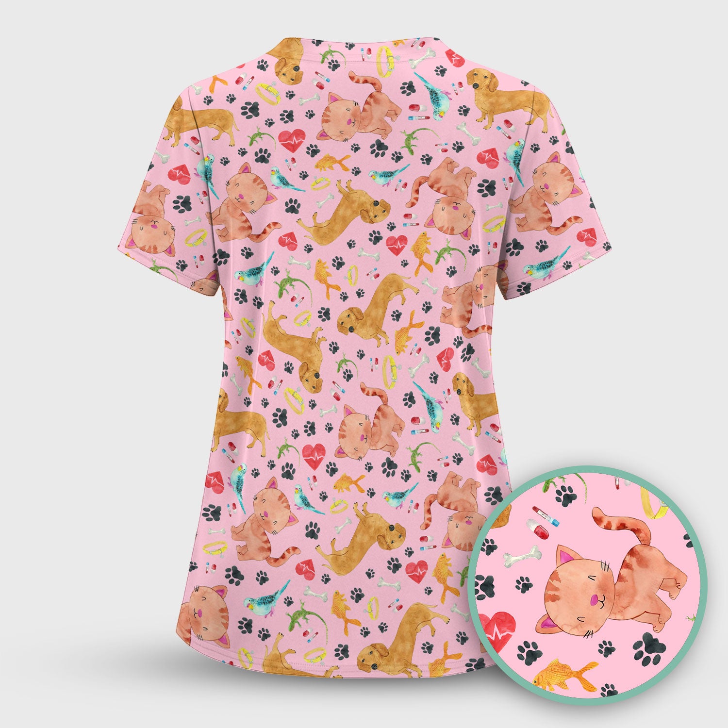 Cat Dog Veterinary Scrub Top - Cute Animal Paw Print Medical Shirt - Adorable Nurse Scrubs for Women RN CNA Vet Tech