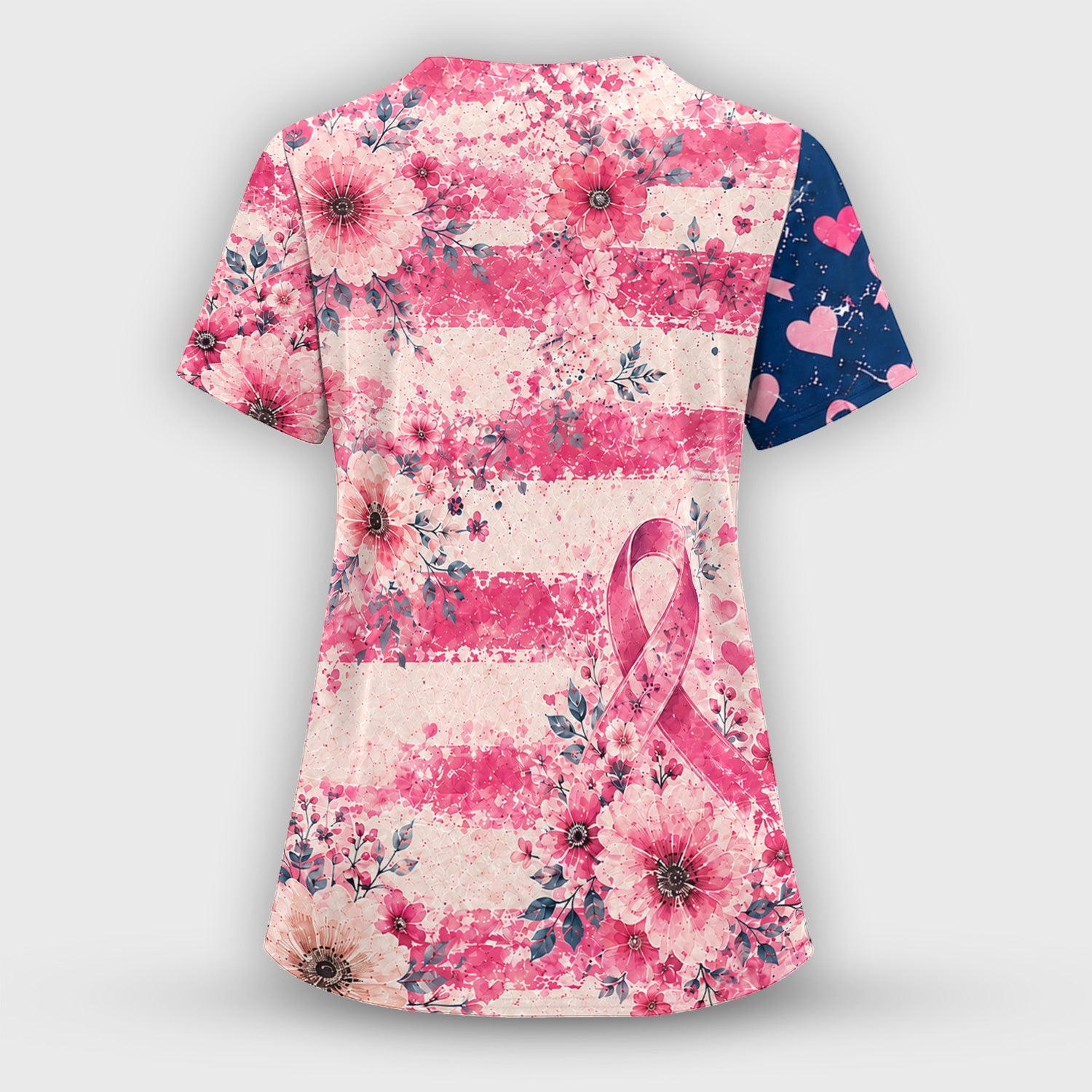 Breast Cancer Floral Flag Scrub Set, Scrub Pants and V Neck Top