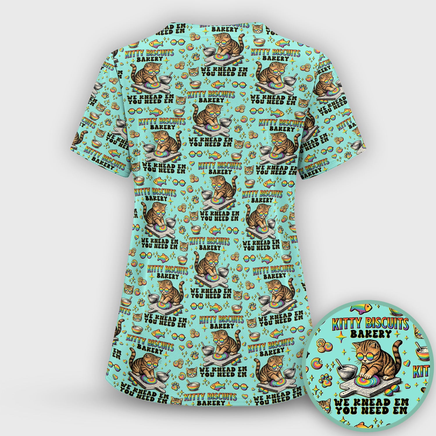 Pride Nurse Cat Baking Rainbow Dough Pattern Scrub Top, Breathable Fabrics Nursing Uniform