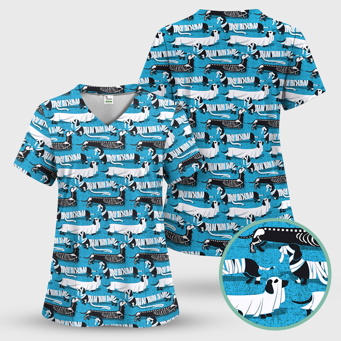 Halloween Dachshund Scrub Top - Funny Dog Skeleton Scrub Shirt Multi Color - Cute Halloween Scrubs Gift for Nurse, CNA, RN, Doctor