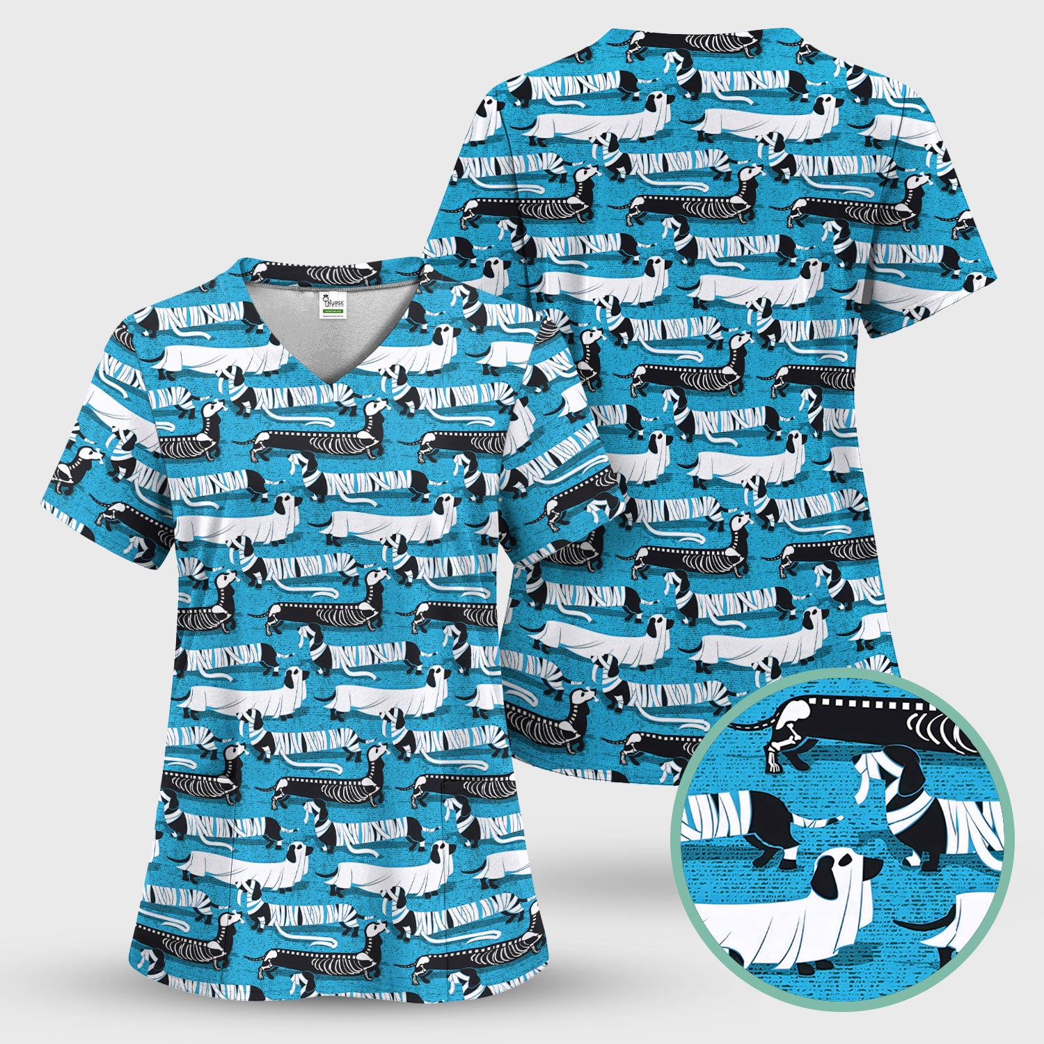 Halloween Dachshund Scrub Top - Funny Dog Skeleton Scrub Shirt Multi Color - Cute Halloween Scrubs Gift for Nurse, CNA, RN, Doctor