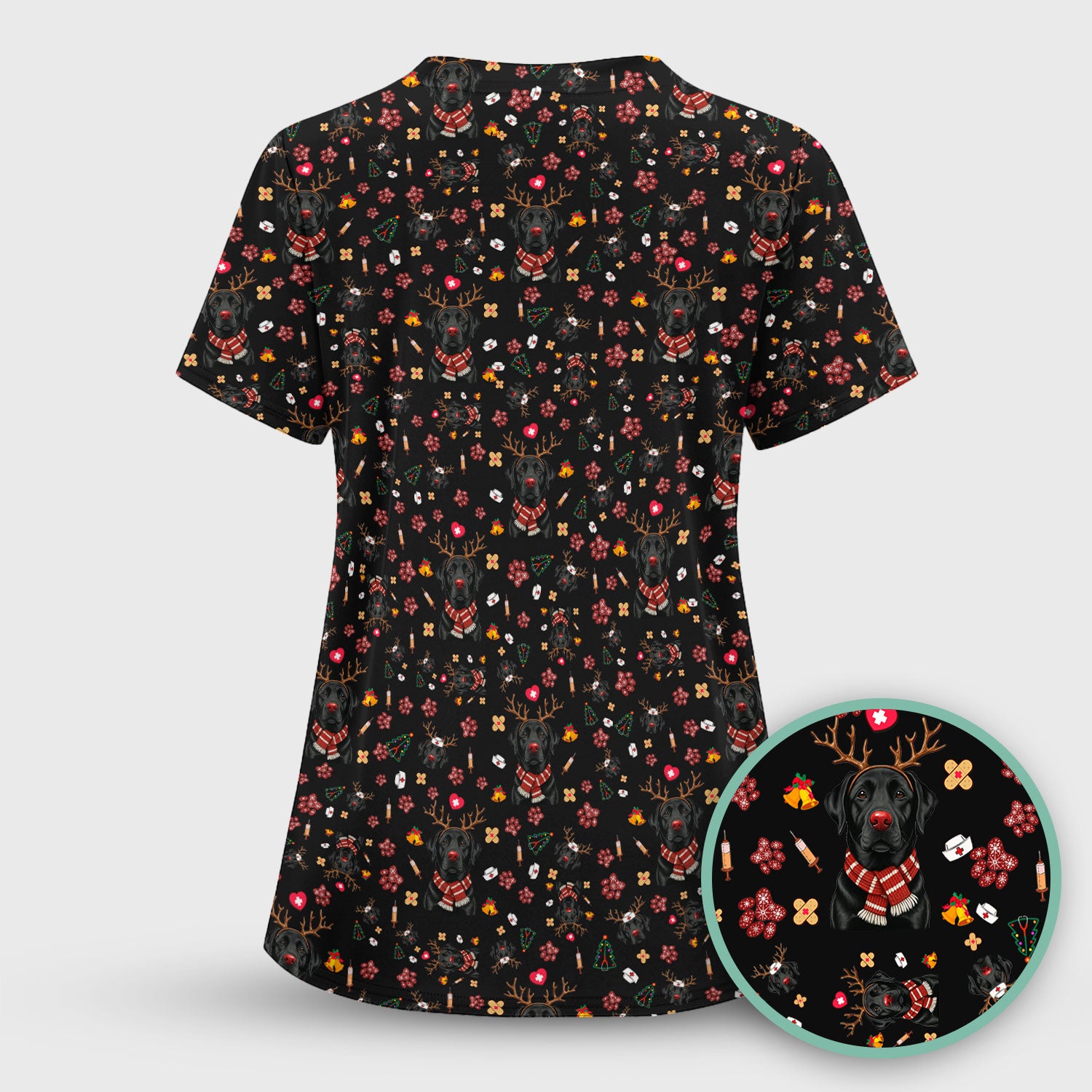Funny Black Lab Reindeer Scrub Top - Christmas Dog Nurse Shirt - Cute Holiday Medical Uniform Gift for RN LPN CNA