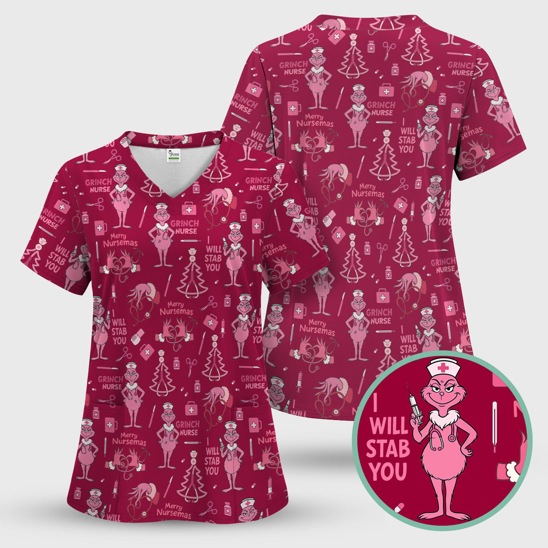 Funny Grinch Nurse Scrub Top - Merry Nursemas Shirt for Women - Multiple Color Options RN LPN CNA Gift