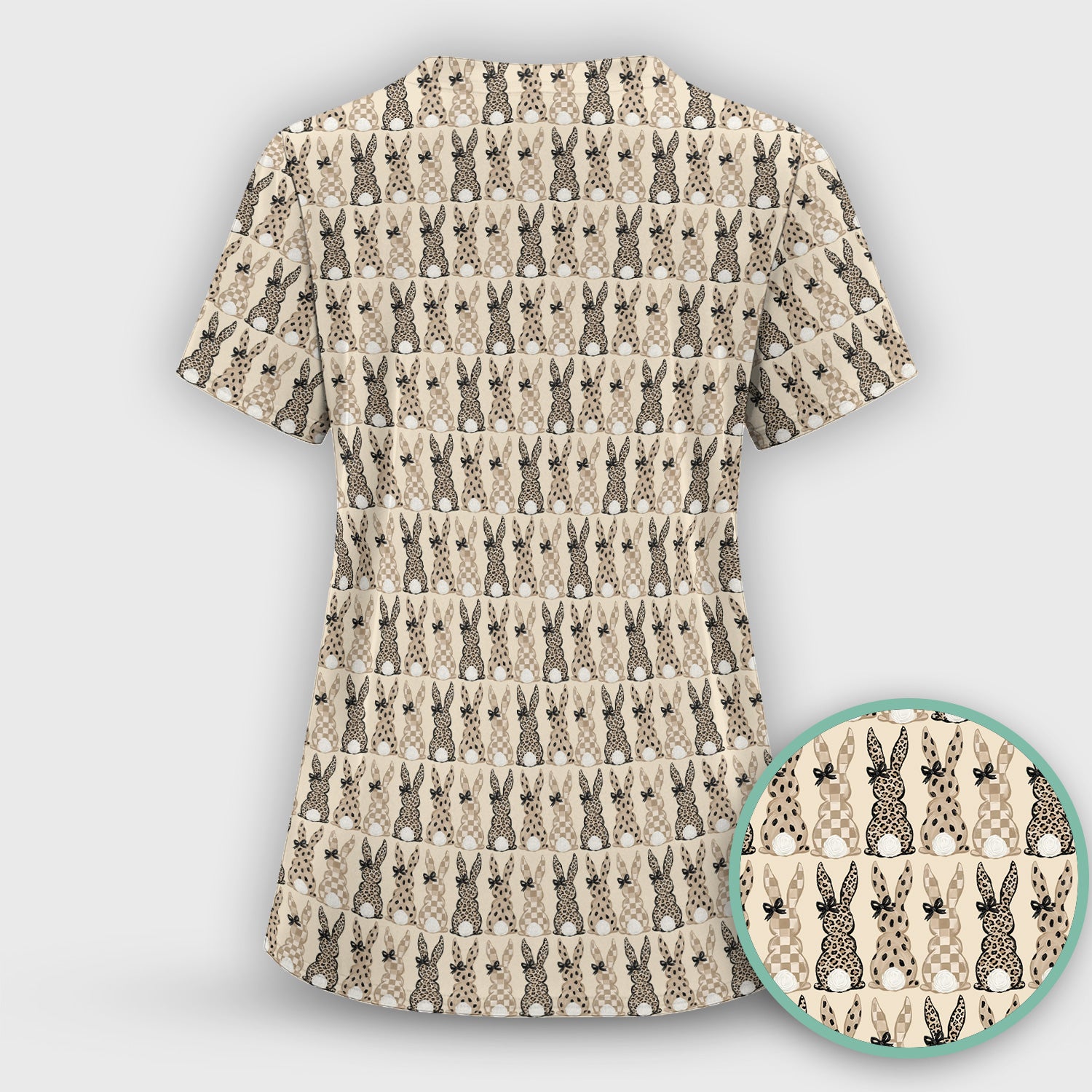 Vintage Bunny Pattern Beige Scrub Top, Comfortable Scrubs for Nurses