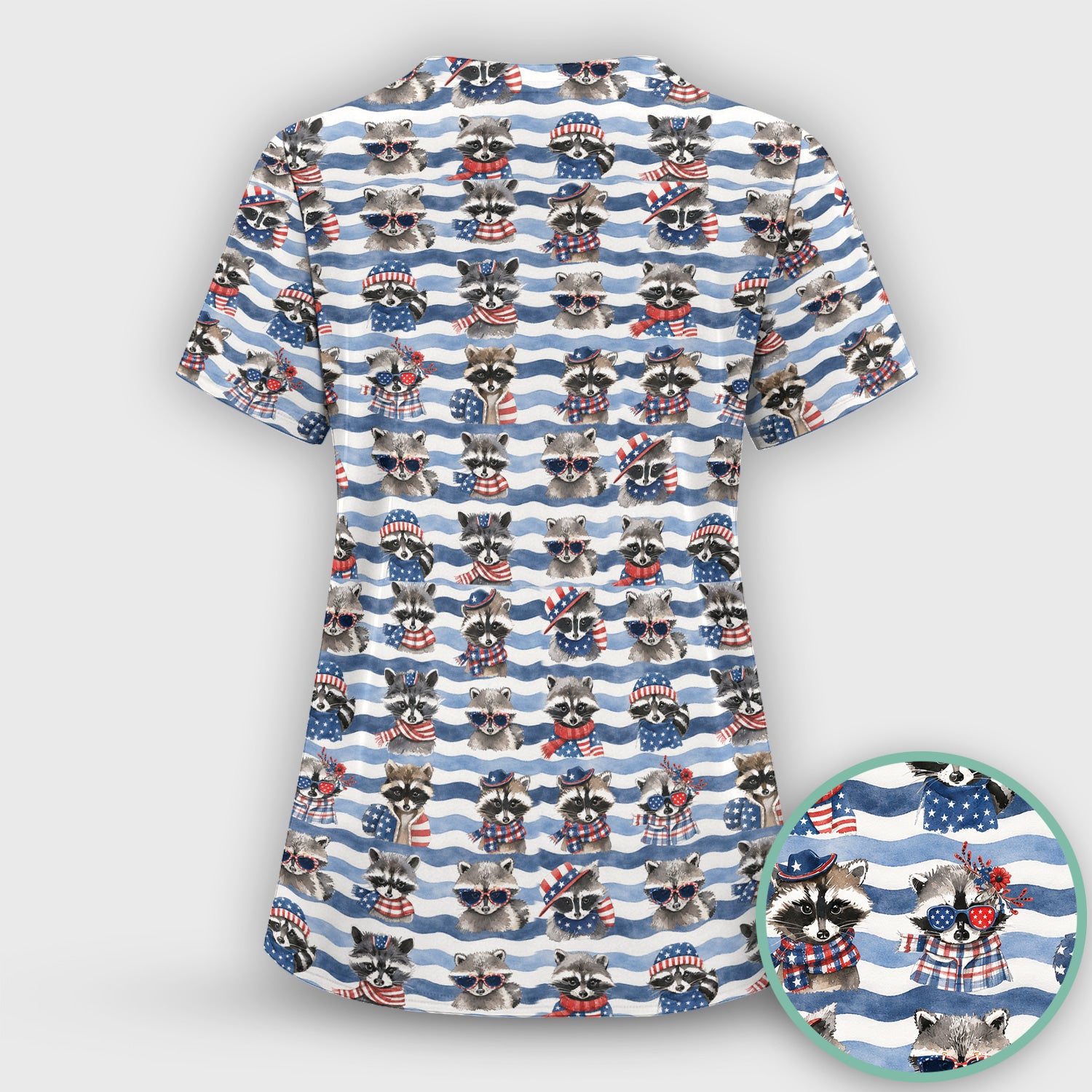 Patriotic Raccoon Watercolor Stripe Pattern Scrub Top, Comfortable Scrubs for Nurses