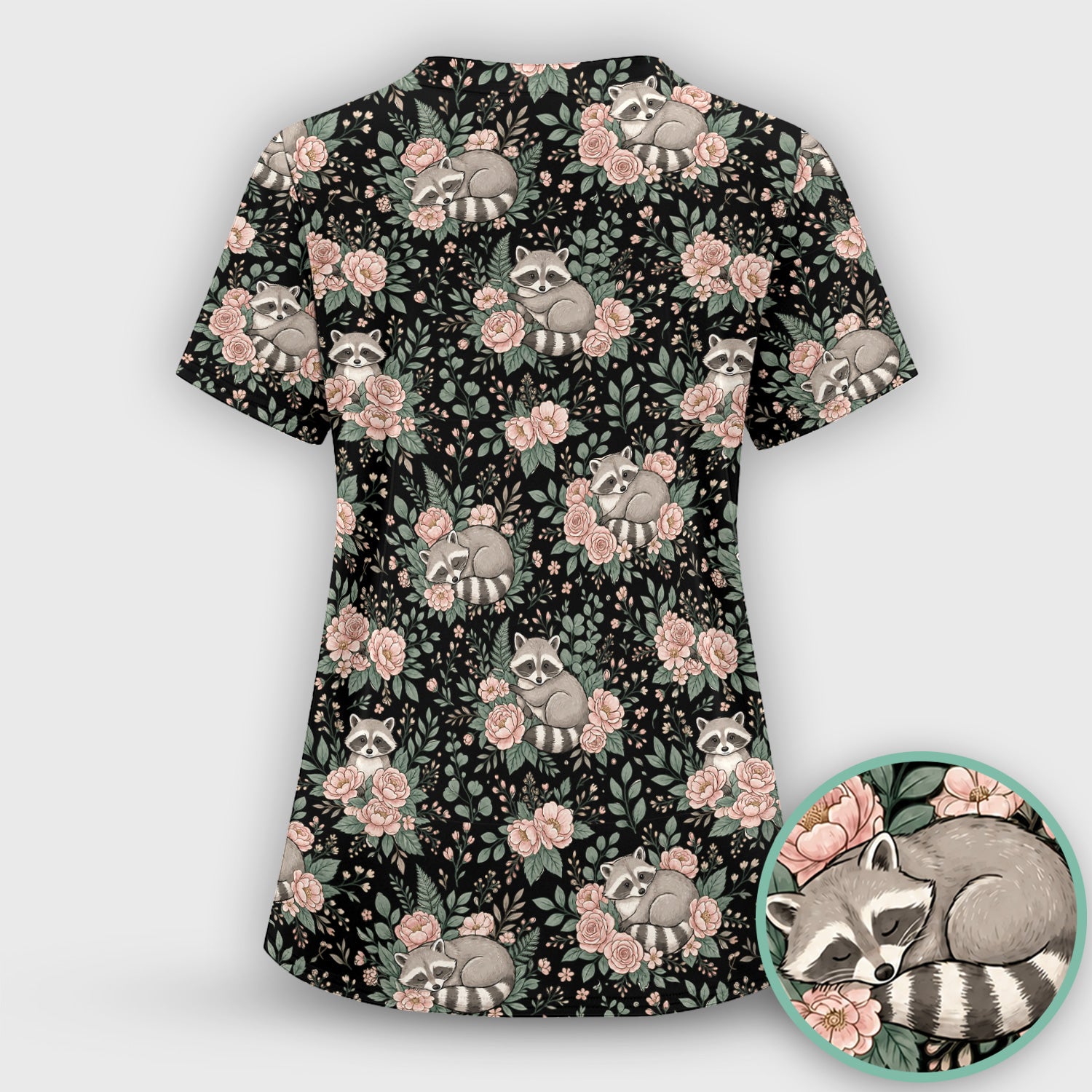 Sleeping Raccoon Rose Garden Pattern Scrub Set, Scrub Pants and V Neck Top