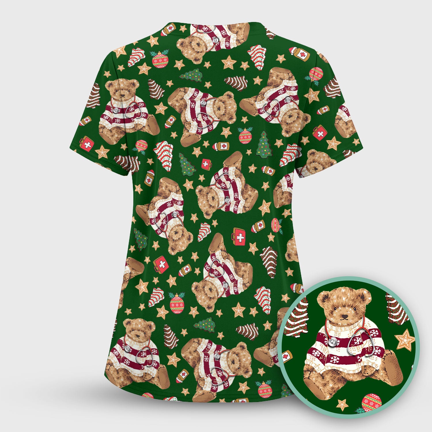 Teddy Bear Christmas Scrub Top - Cute Holiday Medical Pattern with Warm Sweater Bear - Gift for Nurses RN CNA LPN