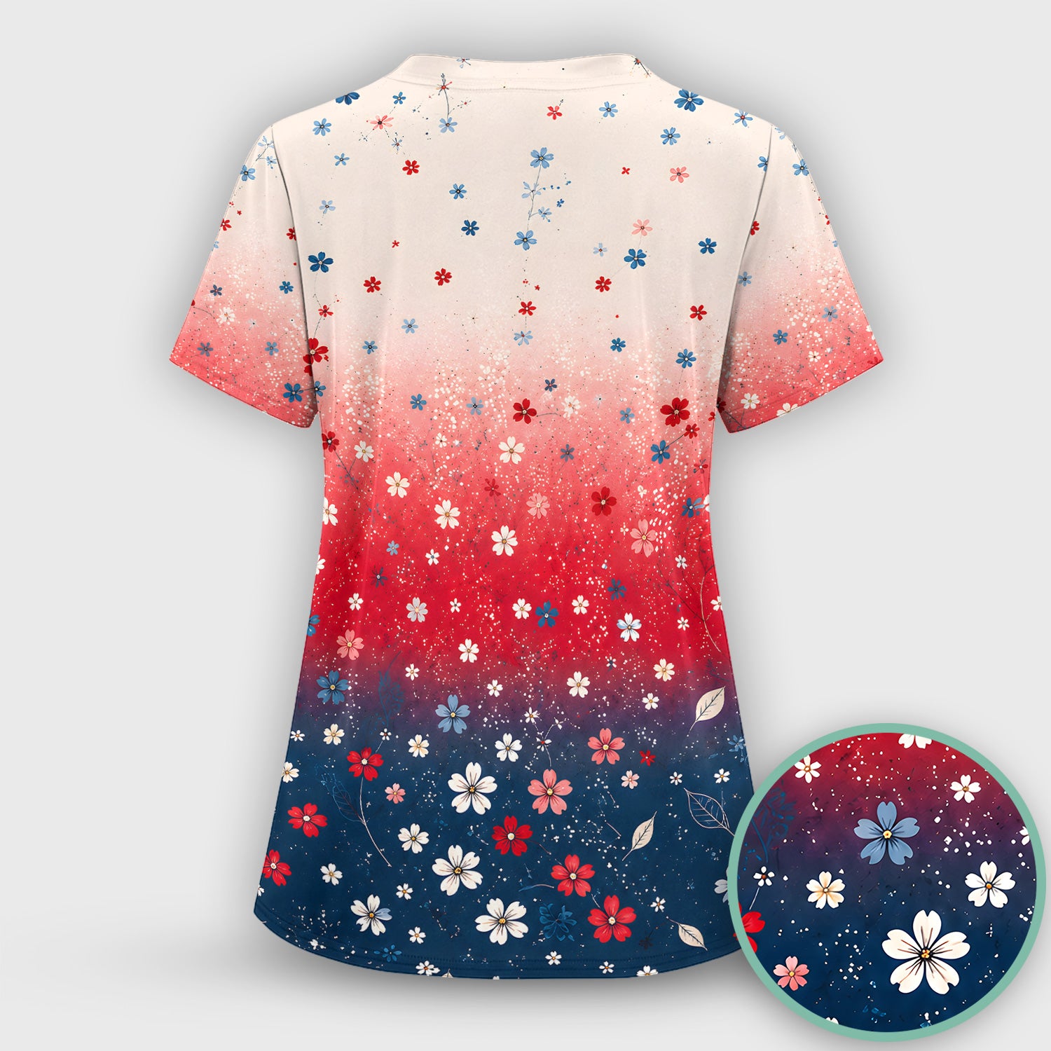Patriotic Red White Blue Floral Ombre Print Scrub Set, Scrub Pants and V Neck Top