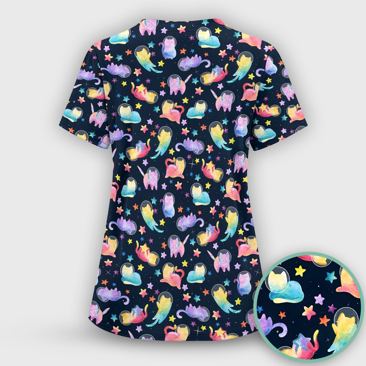 Cute Space Cat Veterinary Pattern Scrub Set, Scrub Pants and V Neck Top