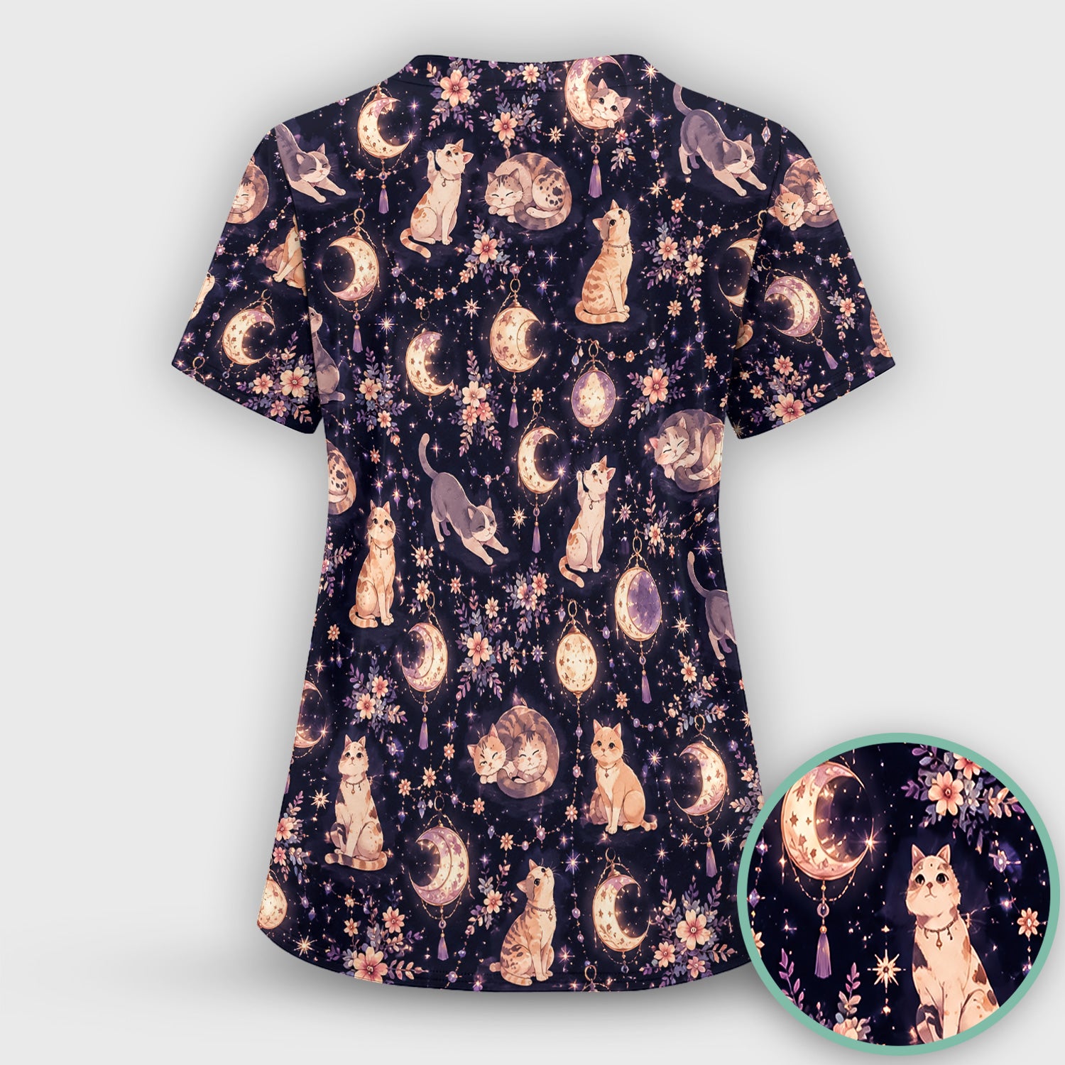 Celestial Cat Pattern Scrub Top, Comfortable Scrubs for Nurses