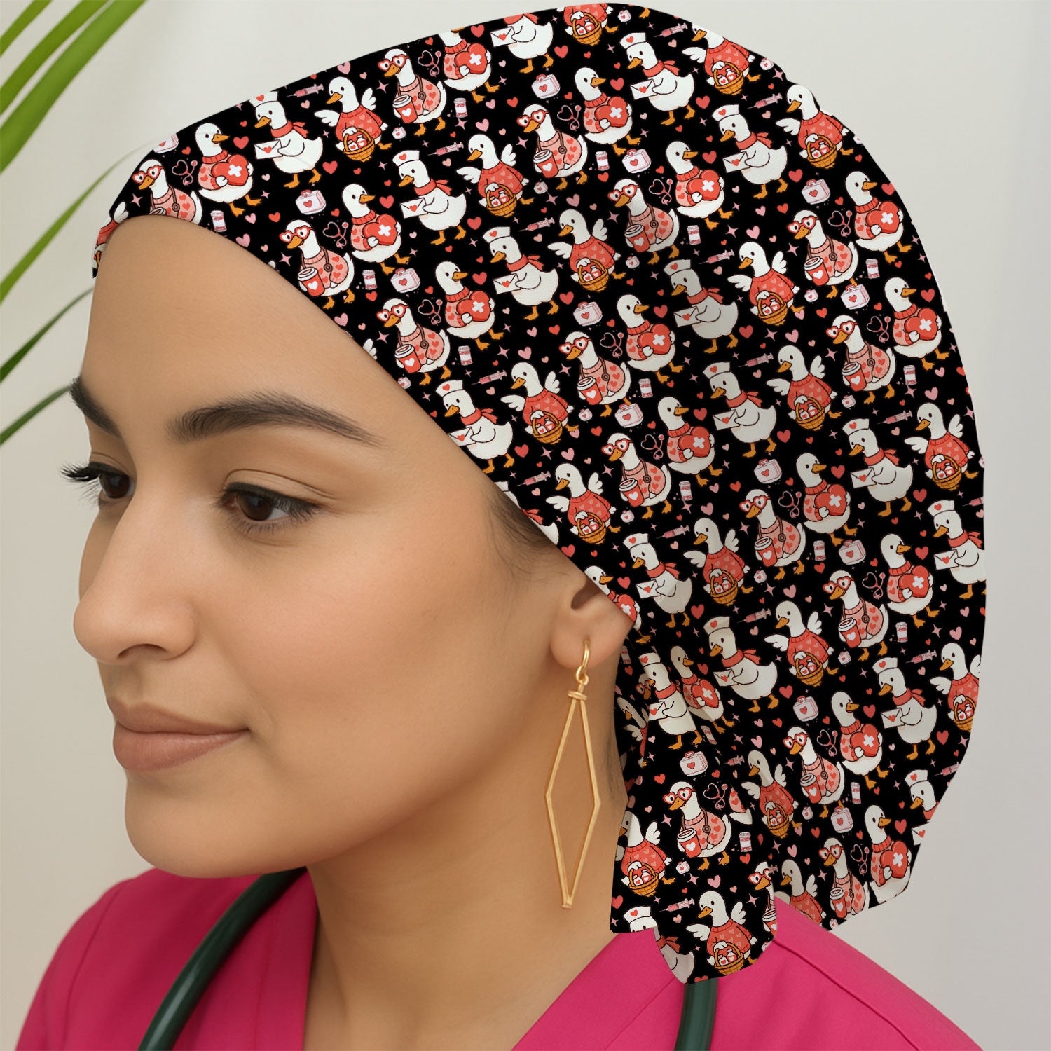 Valentine Goose Nurse Scrub Cap, Heart Medical Pattern Nurse Hat, Breathable Fabrics Nursing Uniform