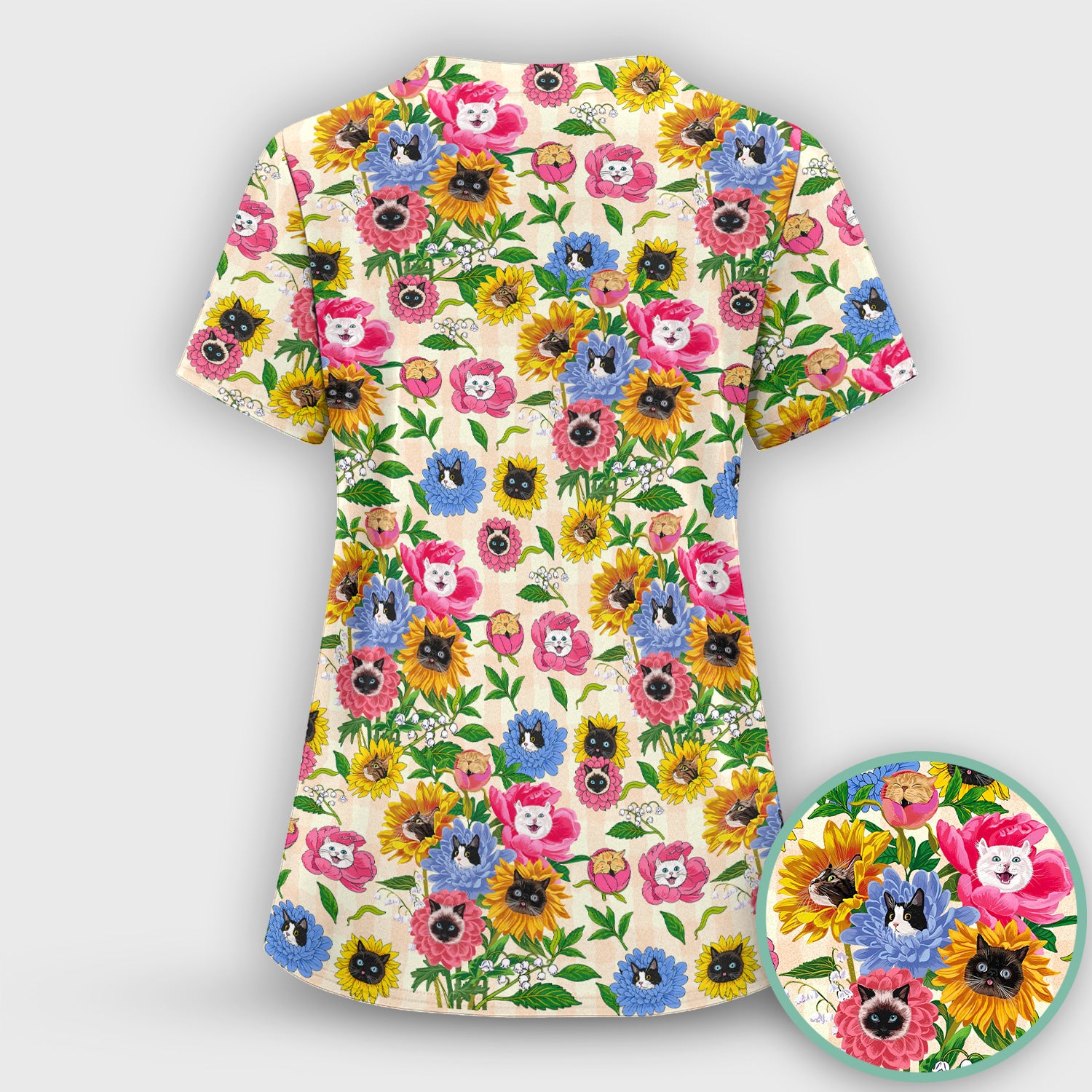 Cat Face Hidden In Colorful Flower Garden Scrub Top, Breathable Fabrics Nursing Uniform