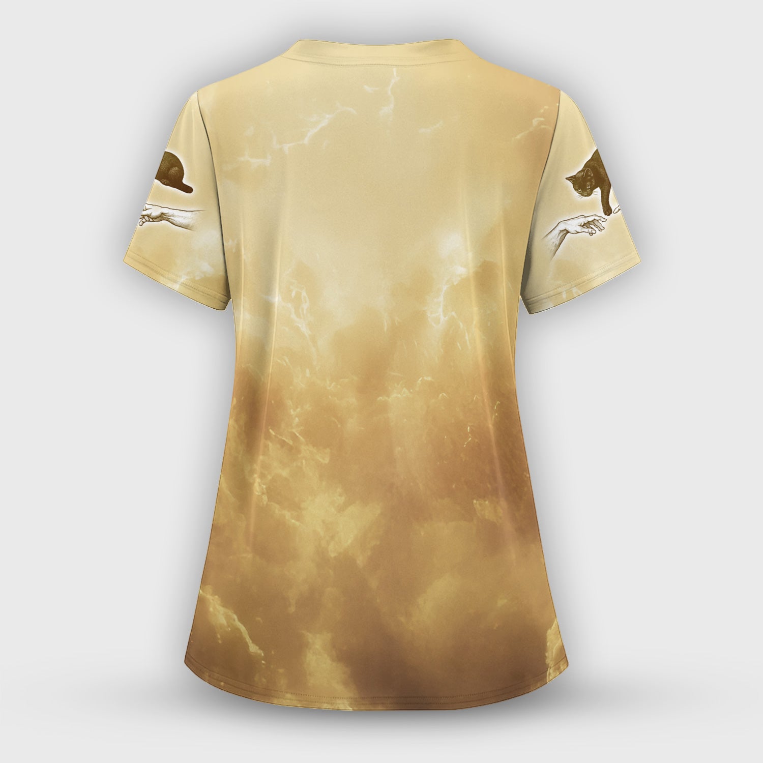 Vintage Angel Cat Art Print V Neck Nursing Scrub Top, Golden Aesthetic