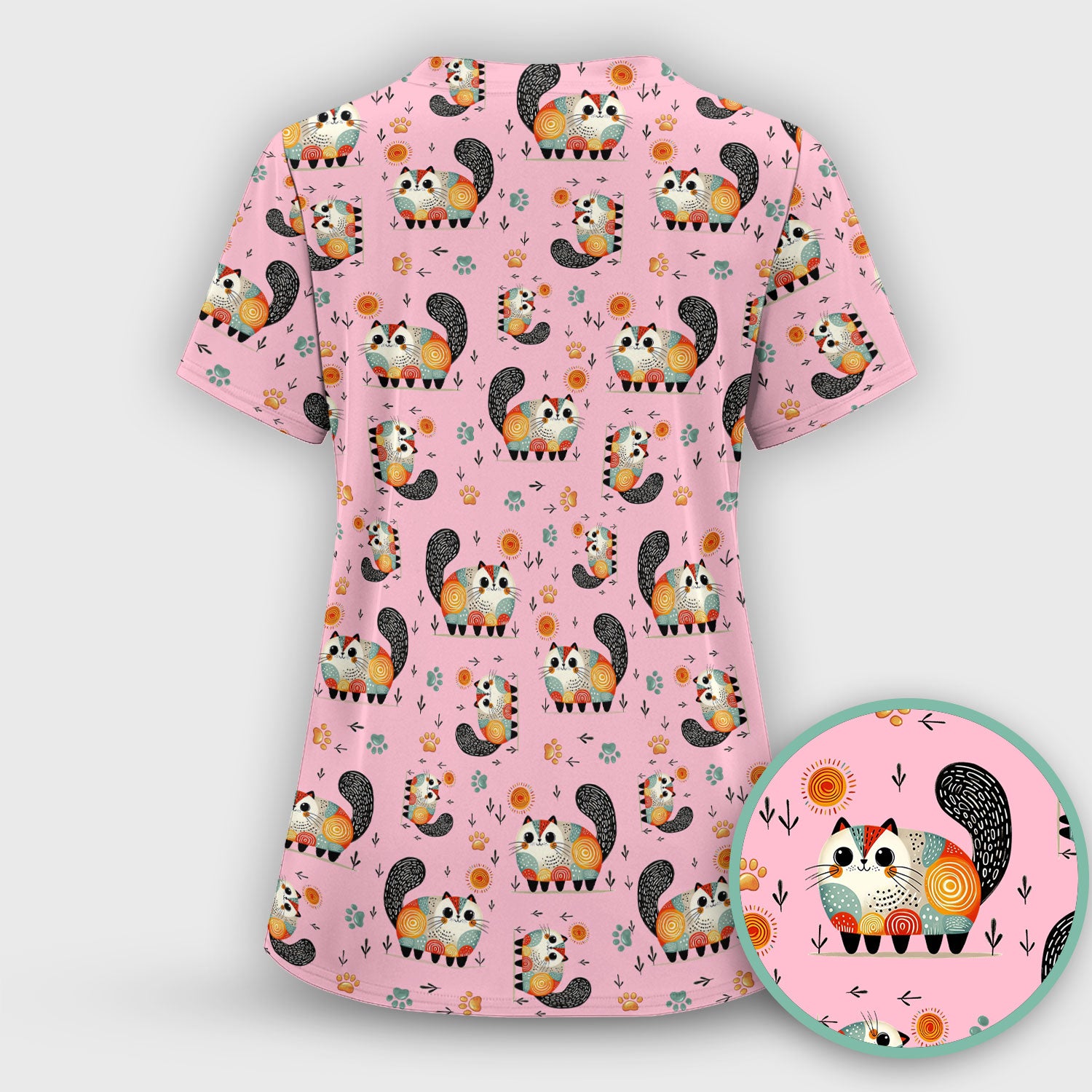 Playful Cat Illustration Nurse Scrub Top, Comfortable Scrubs for Nurses