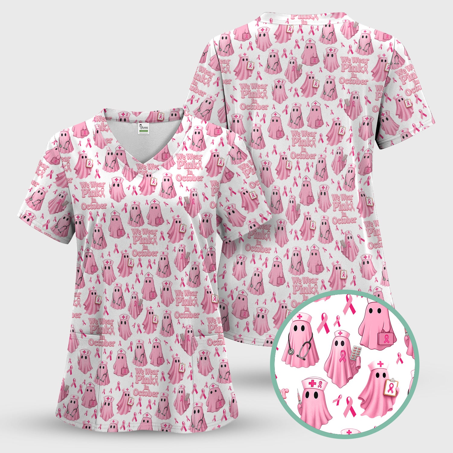 Funny Breast Cancer Awareness Scrub Top - We Wear Pink In October & Ghost Nurse Design - Gift for RN LPN CNA