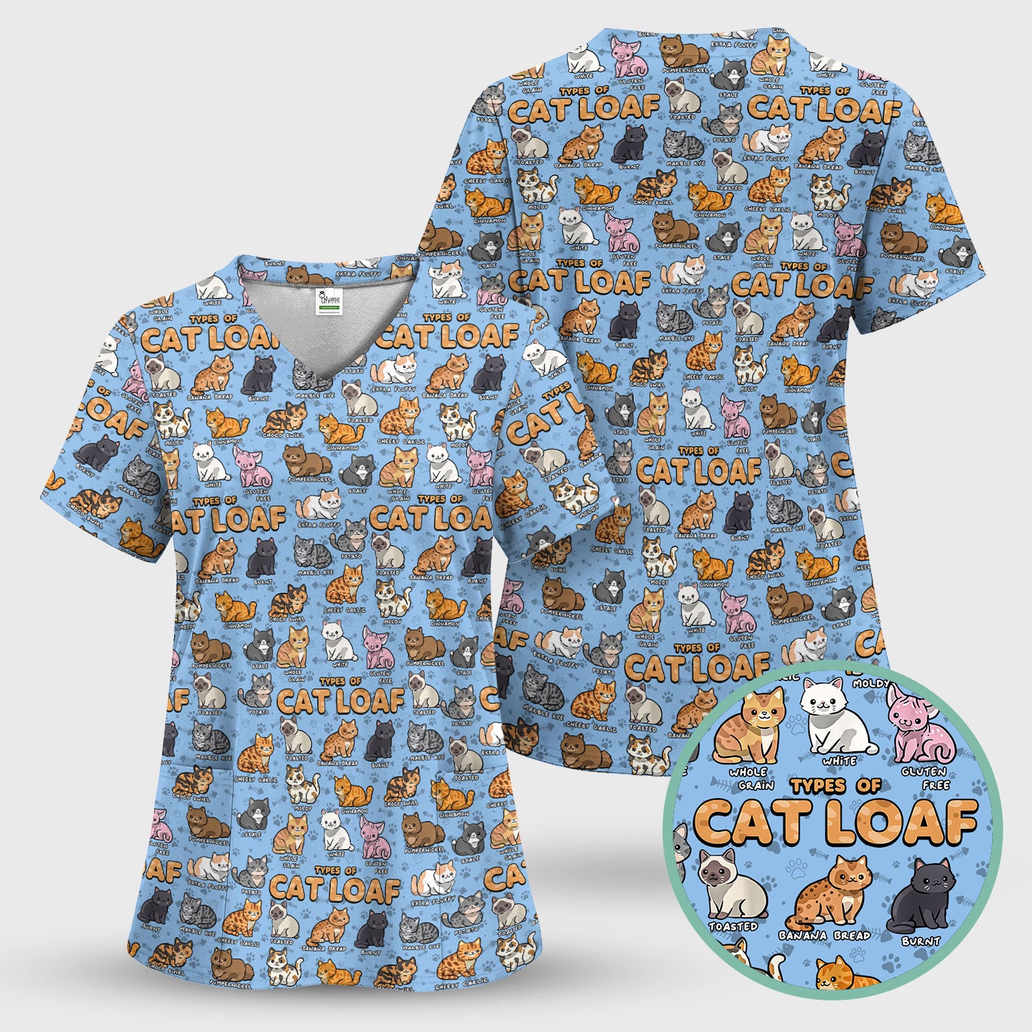 Funny Cat Loaf Scrub Top for Women - Cute Types of Cat Loaf Tee - Cat Lover Nurse Shirt Medical Uniform RN LPN CNA Gift