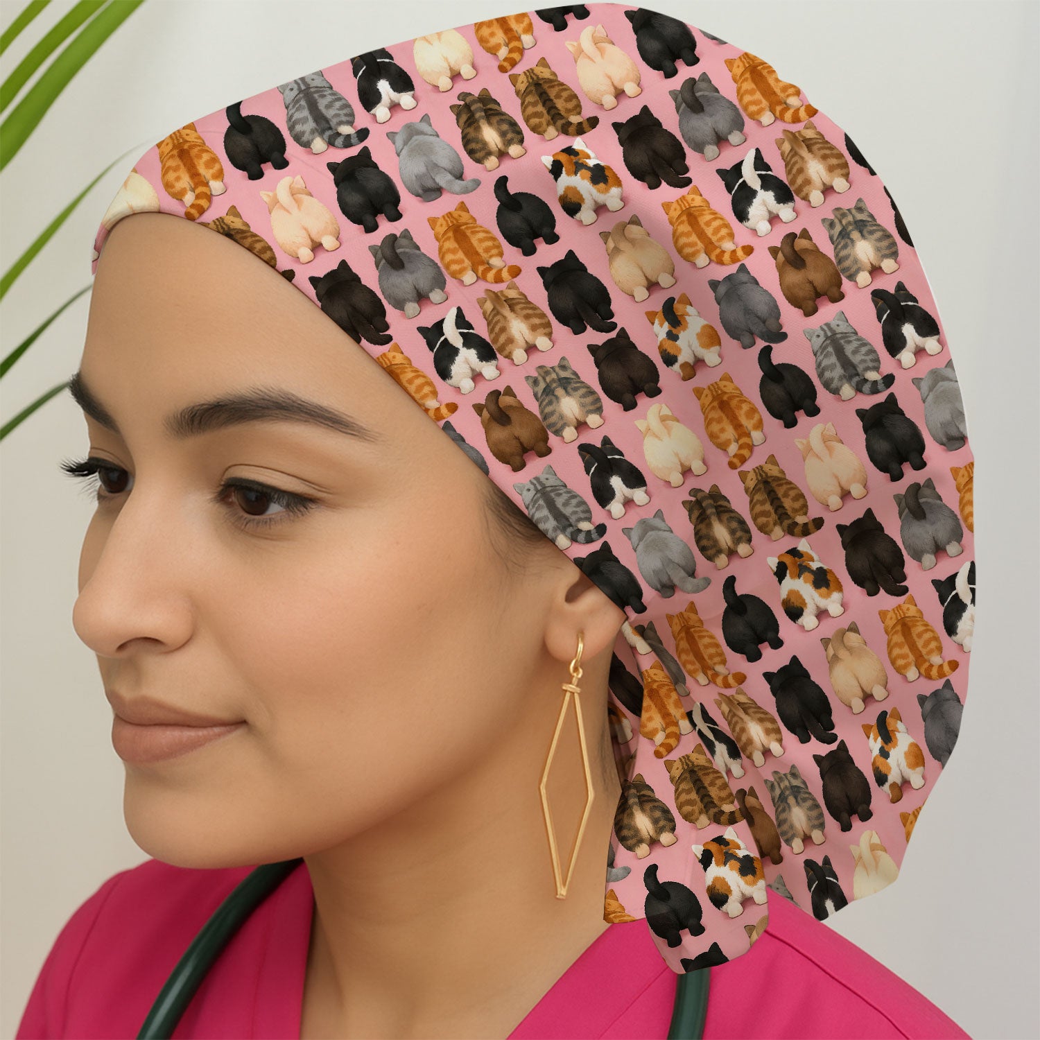 Cute Cats Back View Pattern Caps, Bouffant Scrub Caps for Women