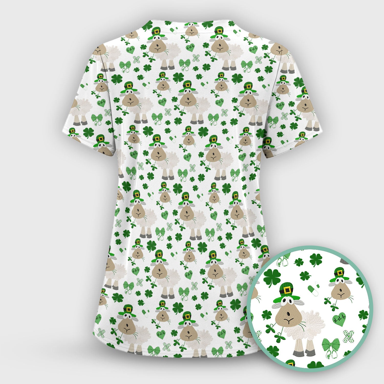 Nurse St. Patrick Scrubs Top, Cute Sheep Shamrock Pattern Nurse Shirt, Breathable Fabrics Nursing Uniform