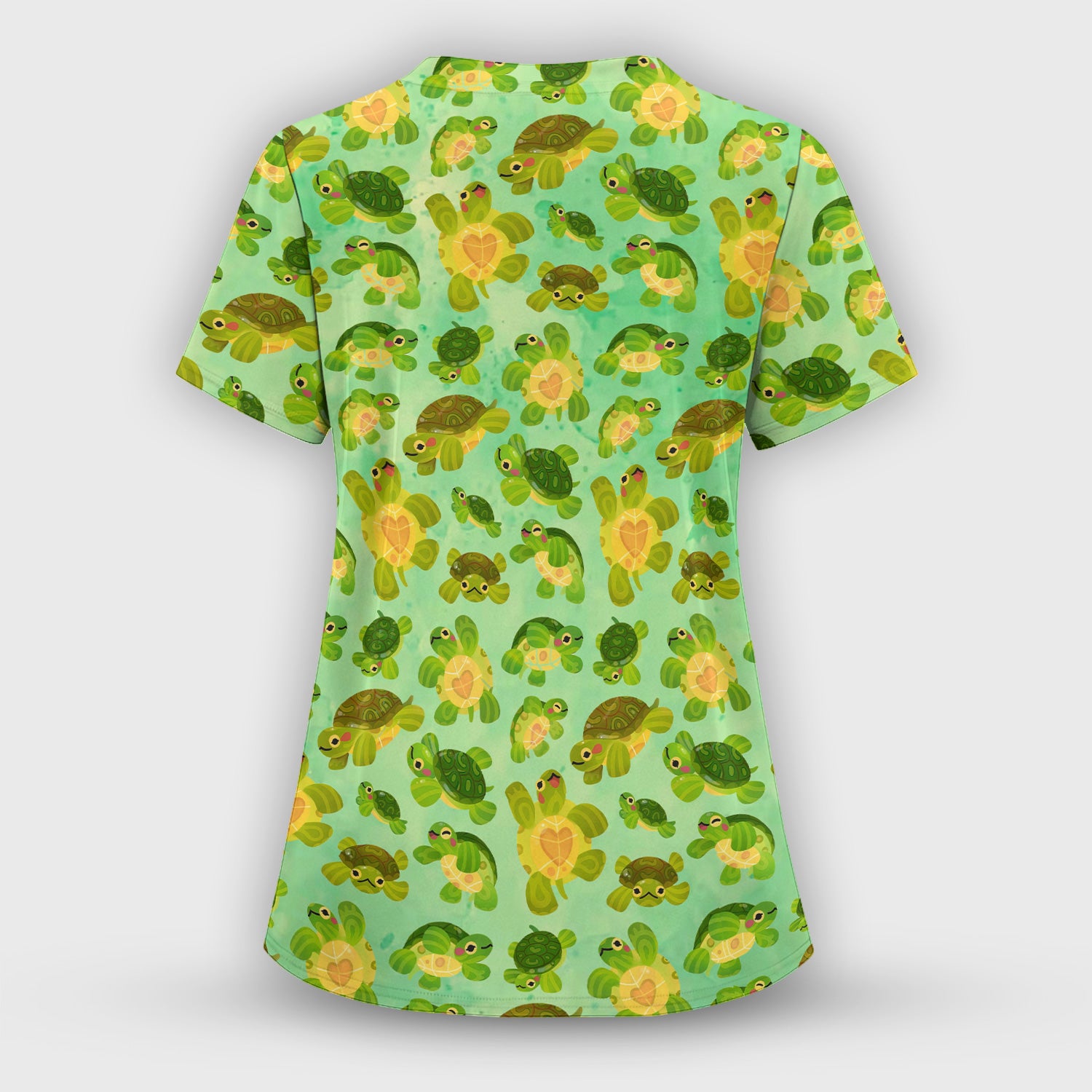 Cute Green Sea Turtle Pattern Scrubs Top, Breathable Fabrics Nursing Uniform