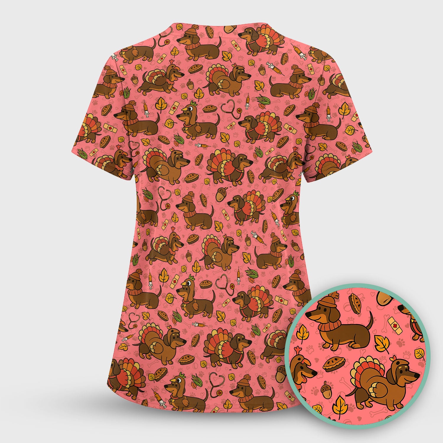 Thanksgiving Wiener Dog Scrub Top - Funny Dachshund TurkeChicken Nurse Shirt for Women - Cute Holiday Medical Uniform