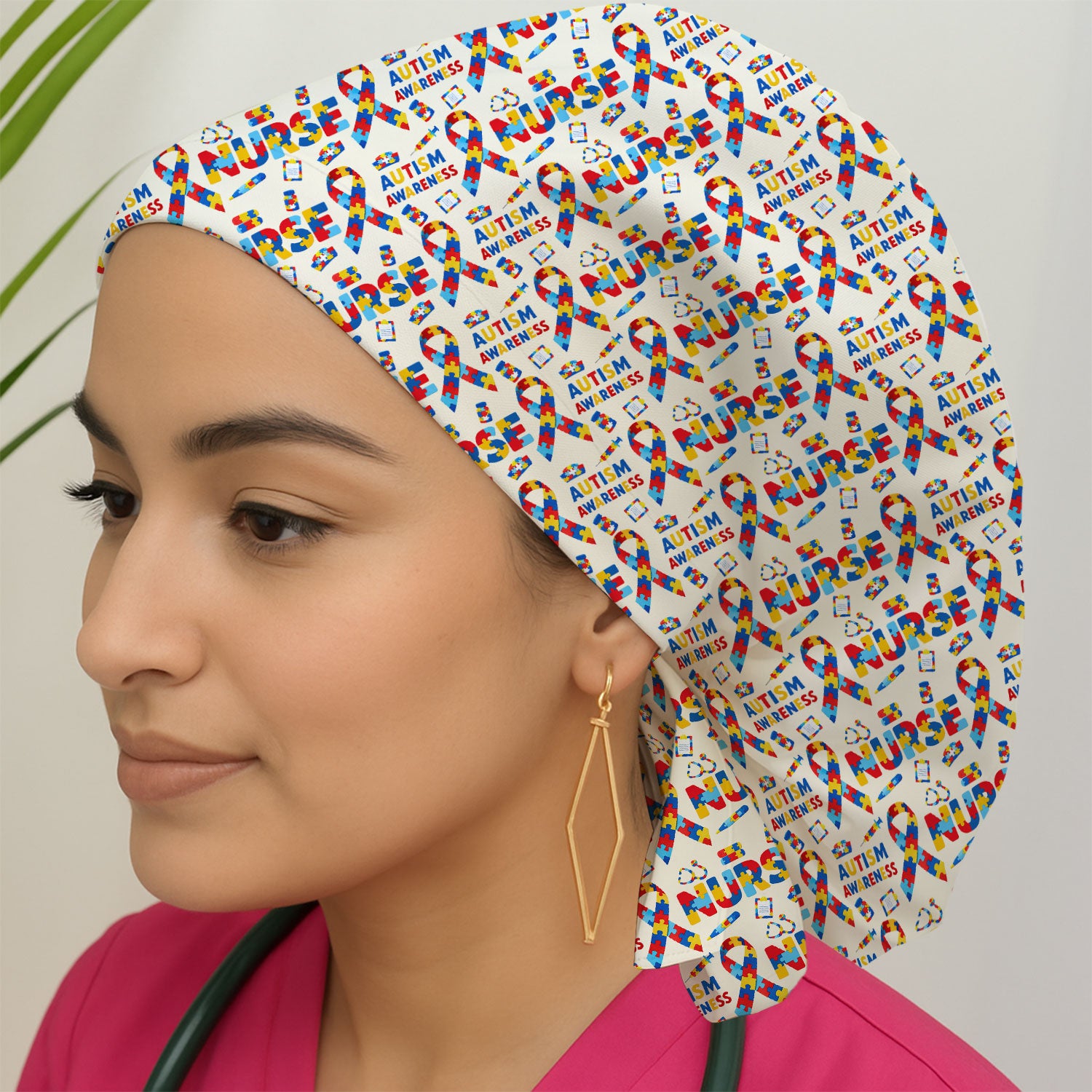 Autism Awareness Nurse Puzzle Ribbon Print Caps,  Breathable Fabrics Caps Uniform