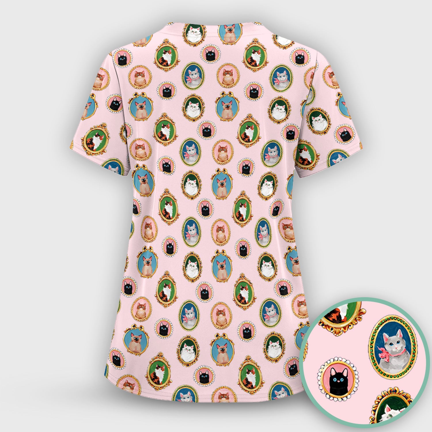 Vintage Cat Portrait Pattern Scrub Top, Breathable Medical Uniform Top