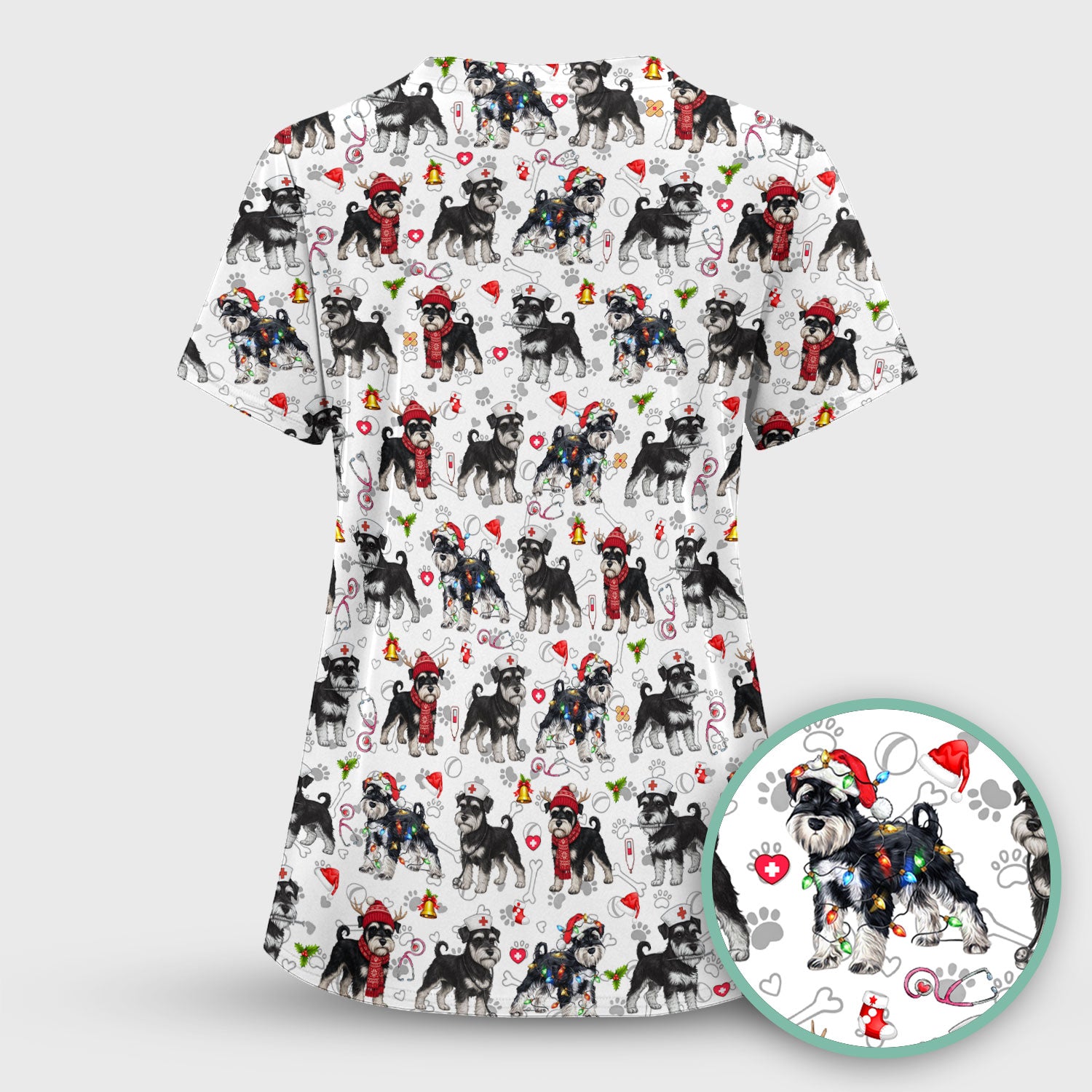 Christmas Schnauzer Scrubs for Nurses - Cute Dog Holiday Scrub Top - Funny Santa Nursing Medical Shirt for Women