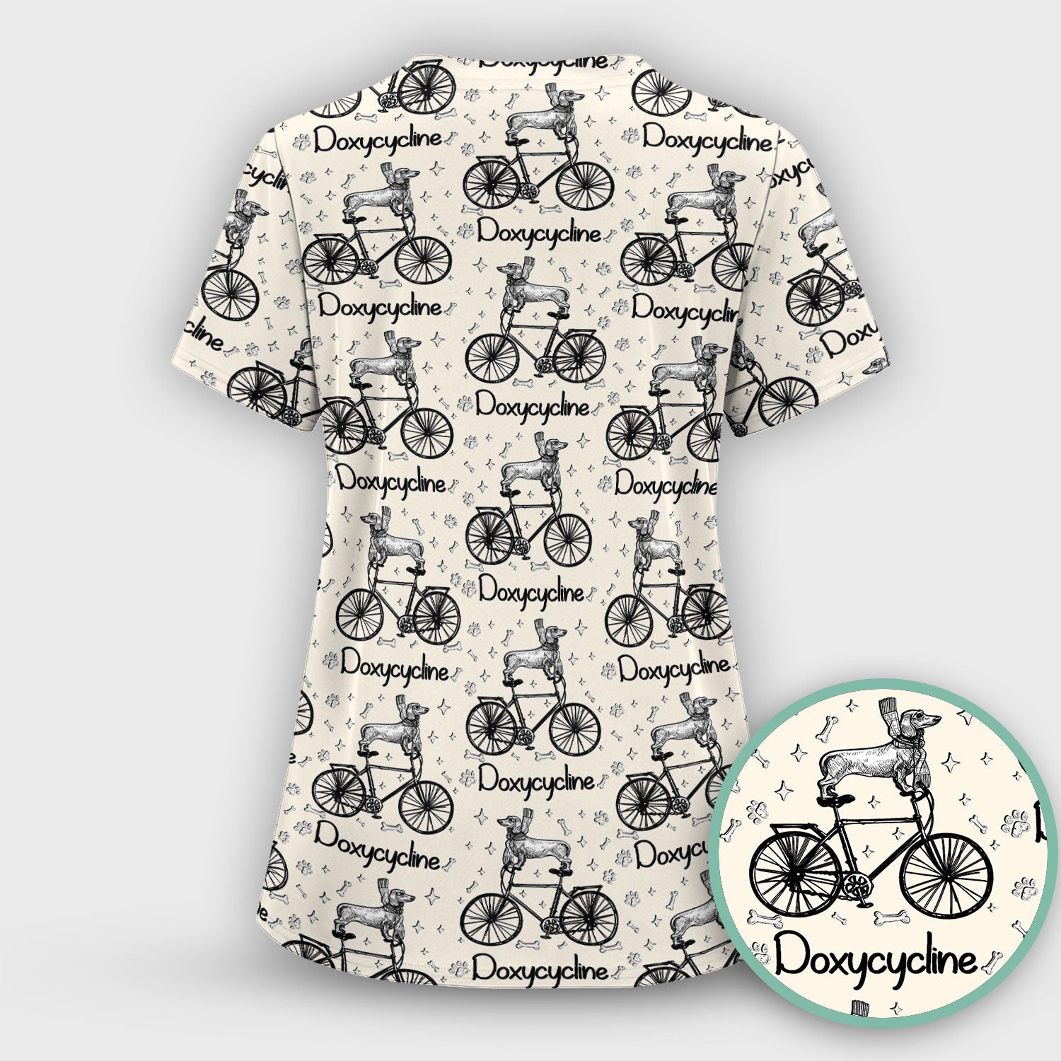 Funny Doxycycline Dog Bicycle Print Scrub Set, Scrub Pants and V Neck Top