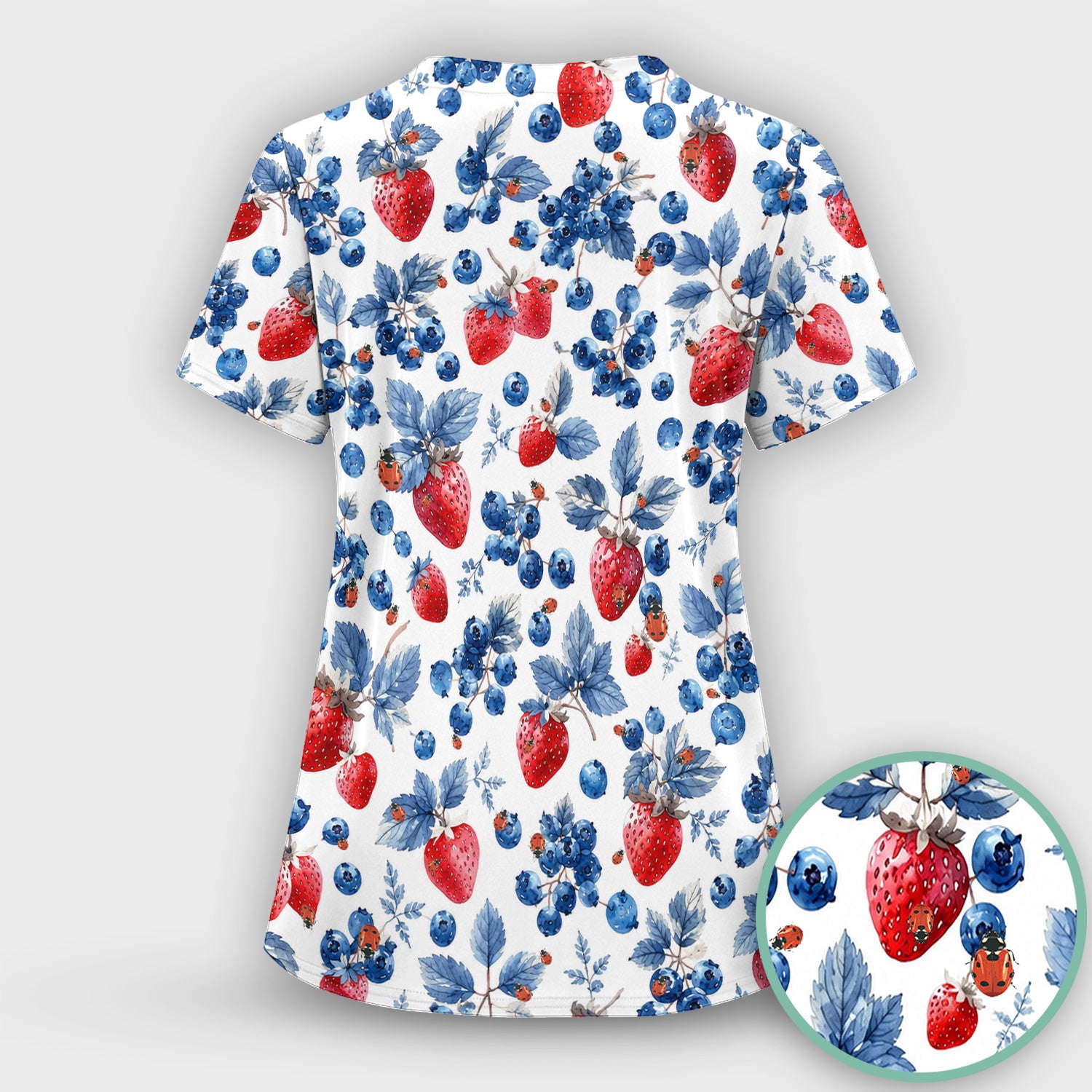 Cute Strawberry Blueberry Ladybug Pattern Scrub Top, Comfortable Scrubs for Nurses