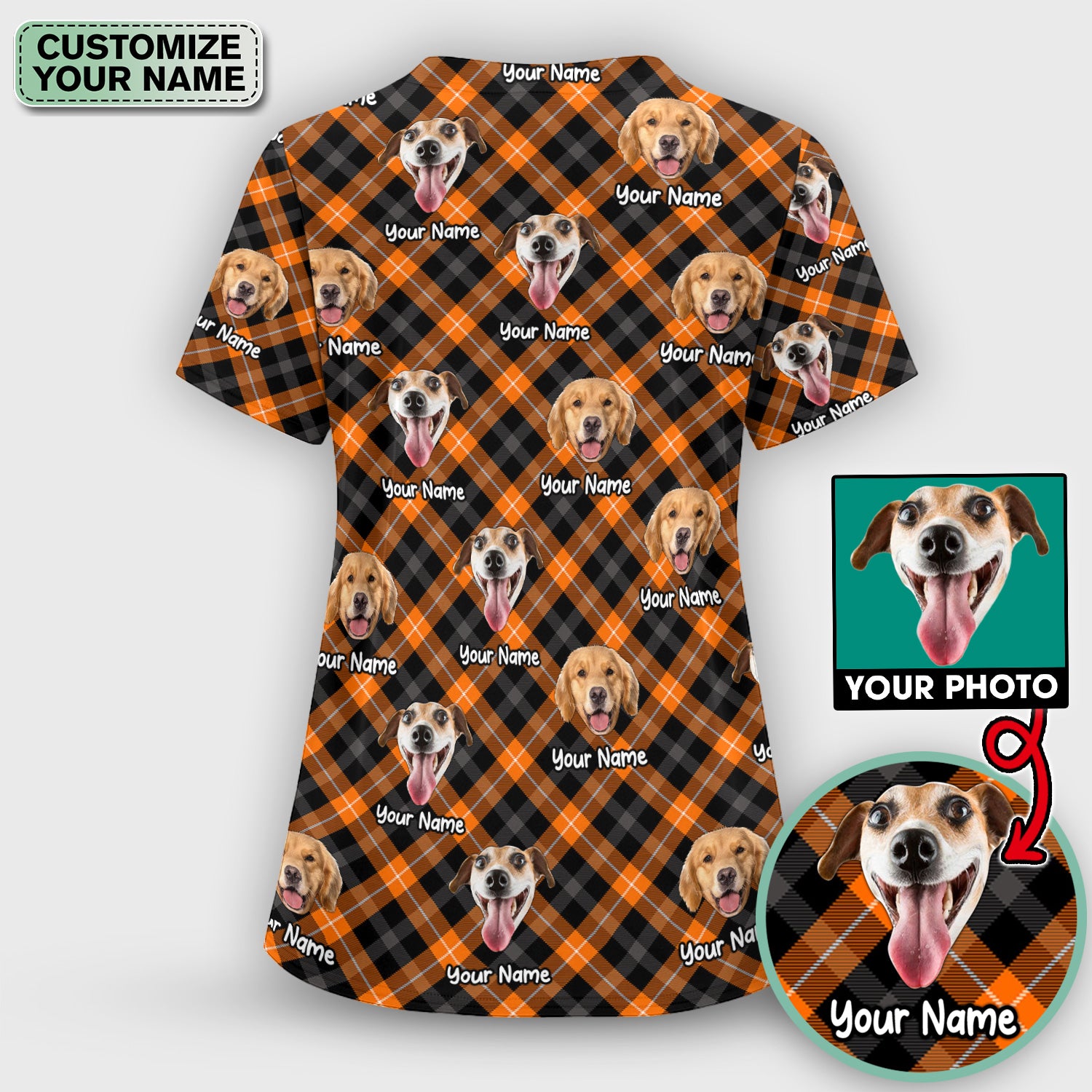 Personalized Halloween Dog Photo Plaid Scrub Set, Scrub Pants and V Neck Top