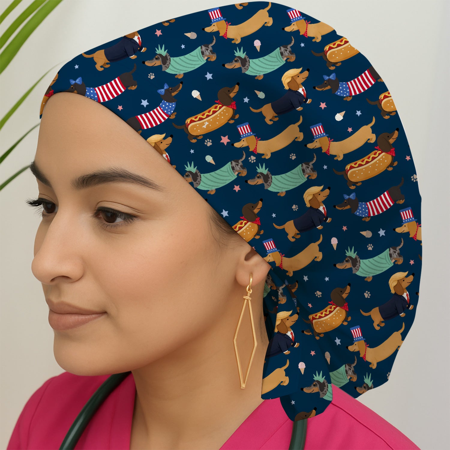 Funny Patriotic Dachshund Costume Dogs Pattern Cap, Bouffant Scrub Caps for Women