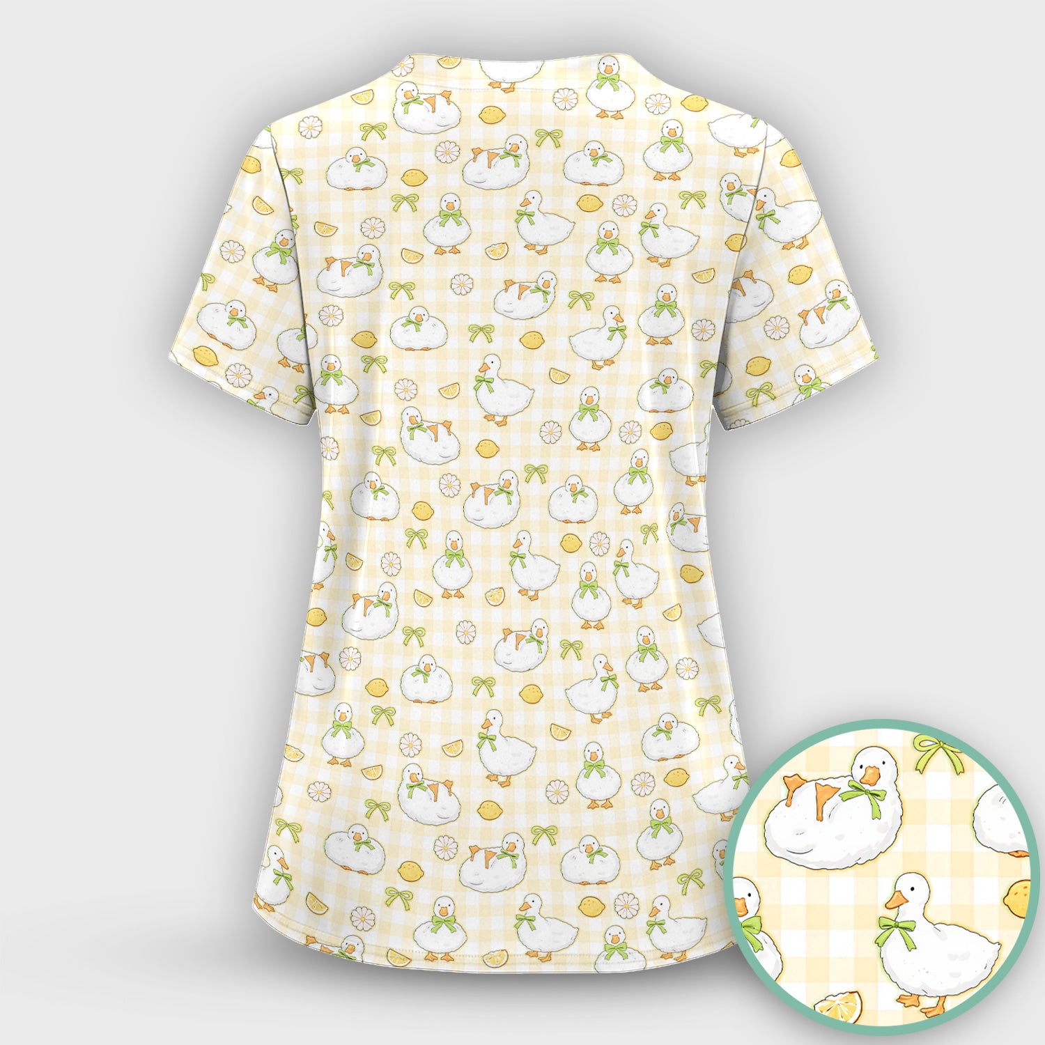 Adorable Ducks Lemon Daisy Pattern Scrubs Top, Comfortable Scrubs for Nurses