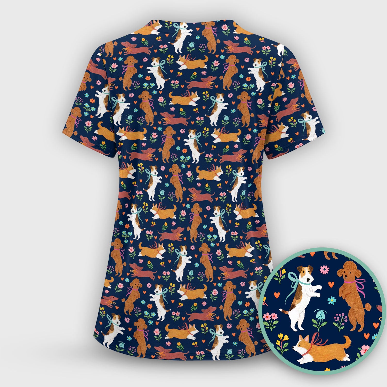 Cute Cartoon Dog Print Nurse Scrub Top, Comfortable Scrubs for Nurses
