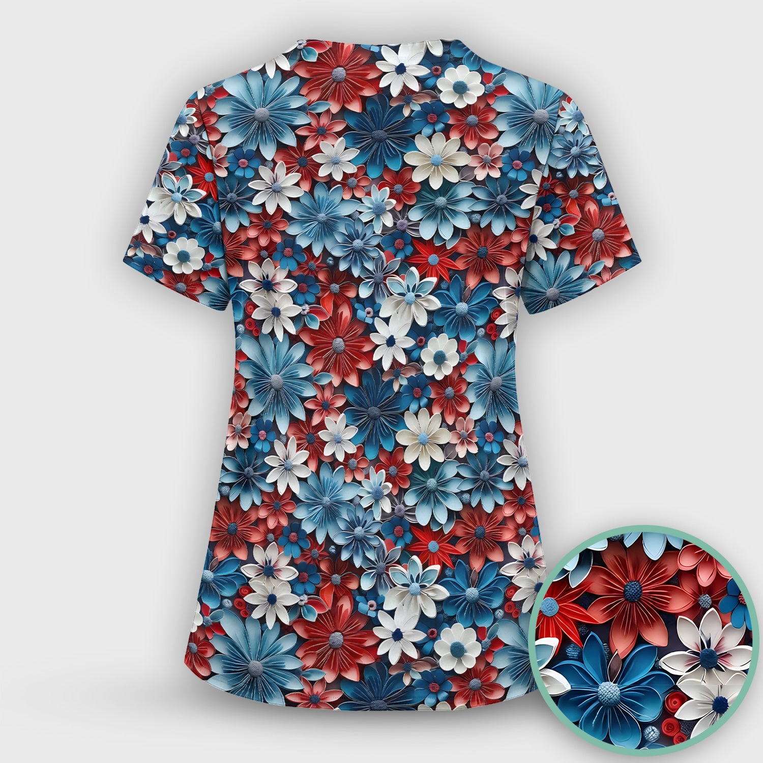 Patriotic 3D Floral Nurse for RN & CNA, Red Blue White Healthcare Workers Uniform Scrub Set, Scrub Pants and V Neck Top