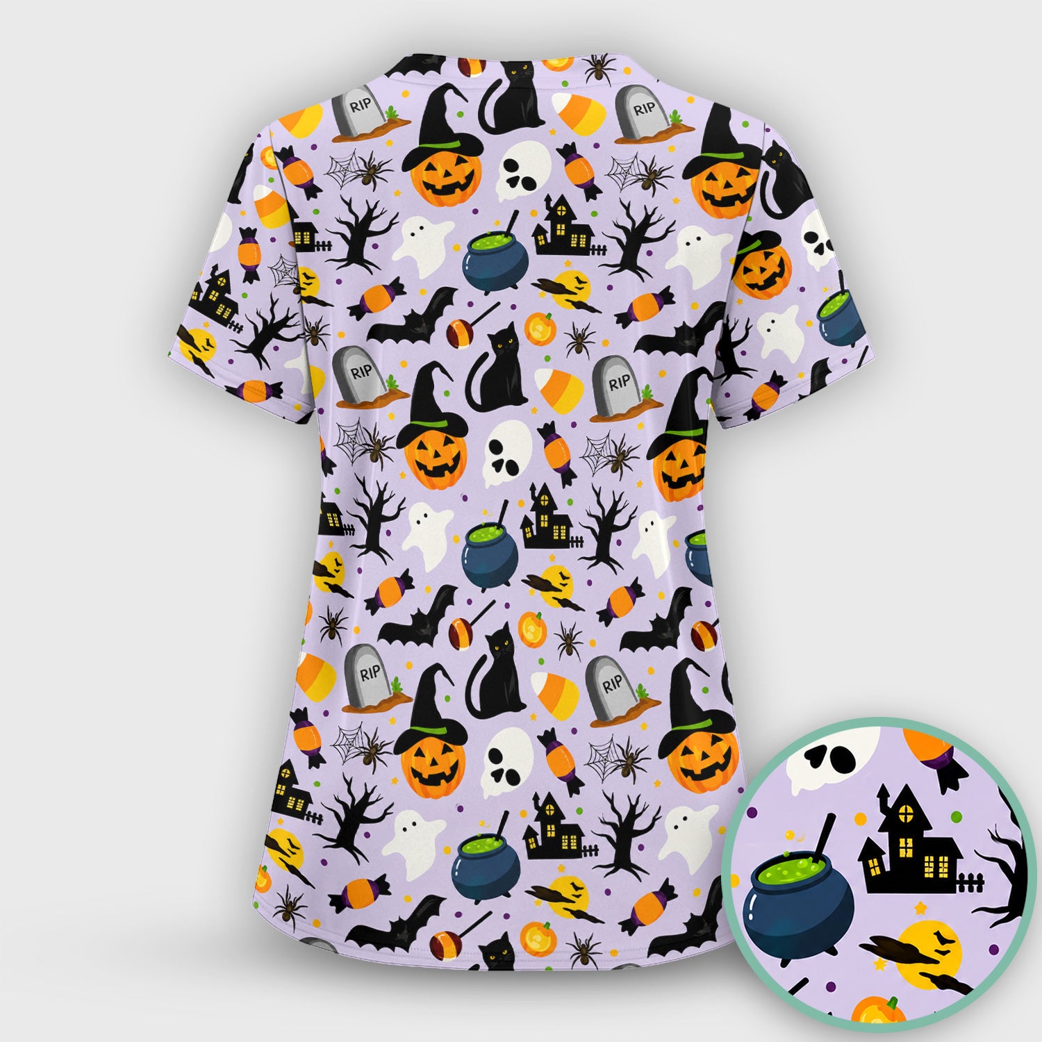 Ghost Pumpkin Witch Pattern Scrub Set, Scrub Pants and V Neck Top