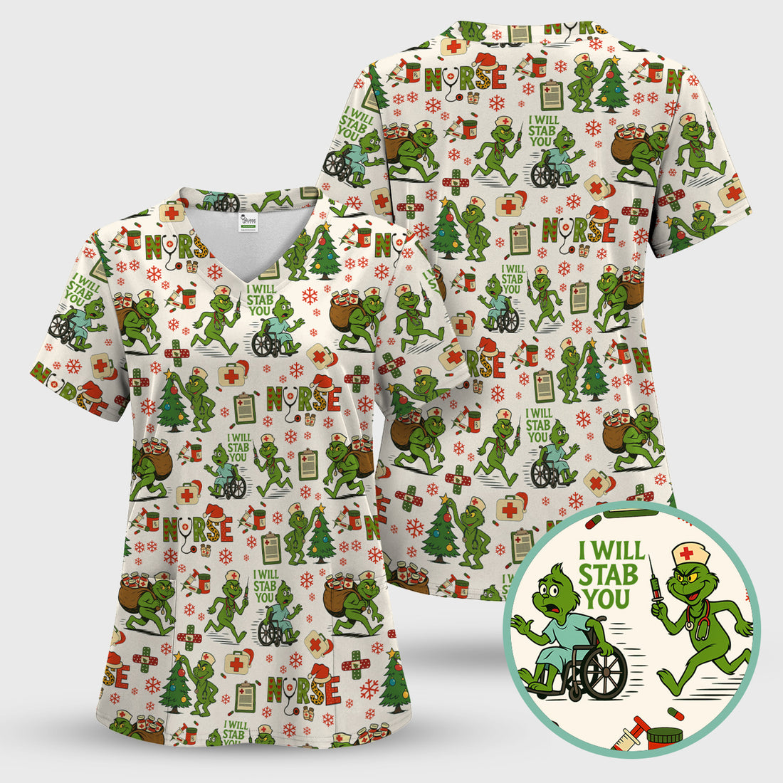 Funny Grinch Nurse Scrub Top for Women - Christmas Scrub Shirt with I Will Stab You Quote - Cute Holiday Nursing Work Shirt with Pockets