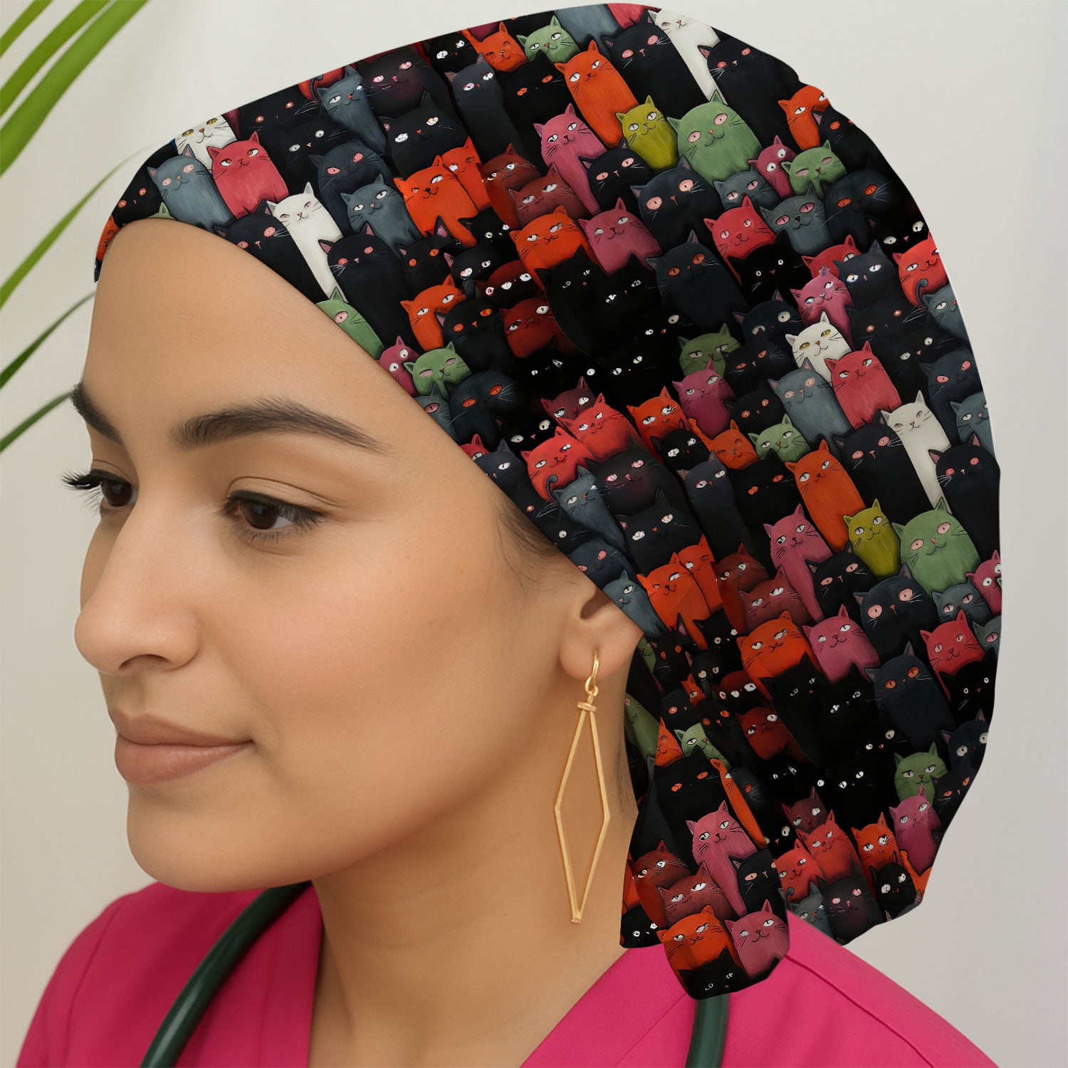 Cat Pattern Nurse Scrub Cap, Artistic Cat Nurses Hat For Women, Breathable Fabrics Nursing Uniform