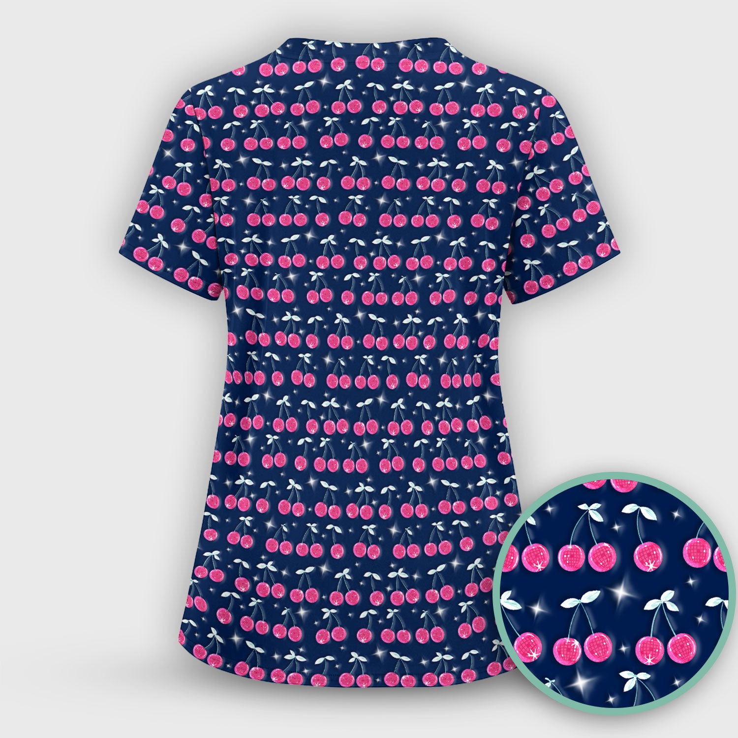 Pink Cherry Sparkle Print Scrub Top, Comfortable Scrubs for Nurses