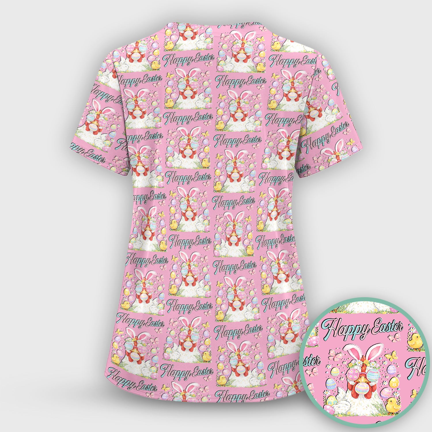 Happy Easter Bunny Eggs Pattern Scrub Top, Comfortable Scrubs for Nurses