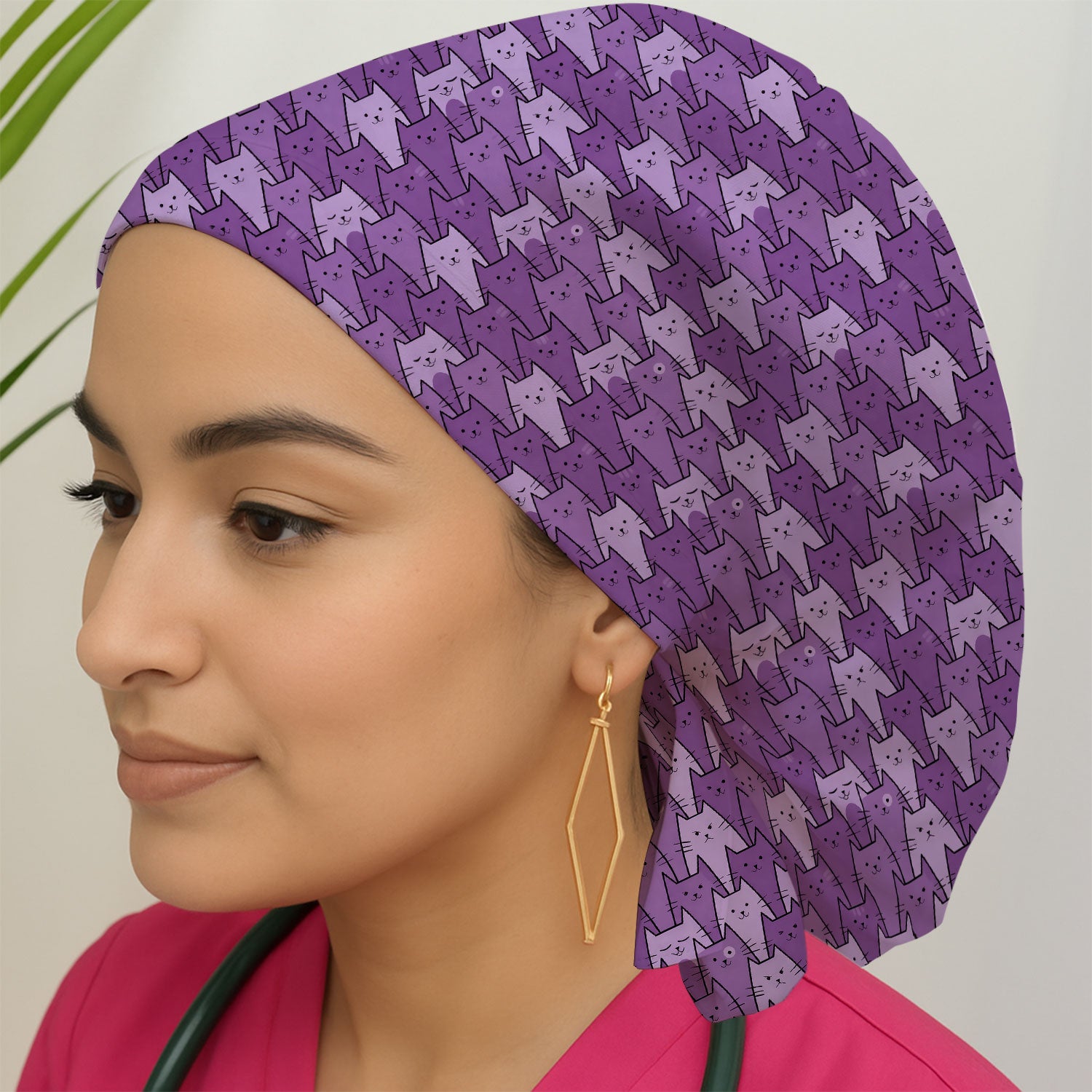 Cute Purple Cats Pattern Caps, Bouffant Scrub Caps for Women