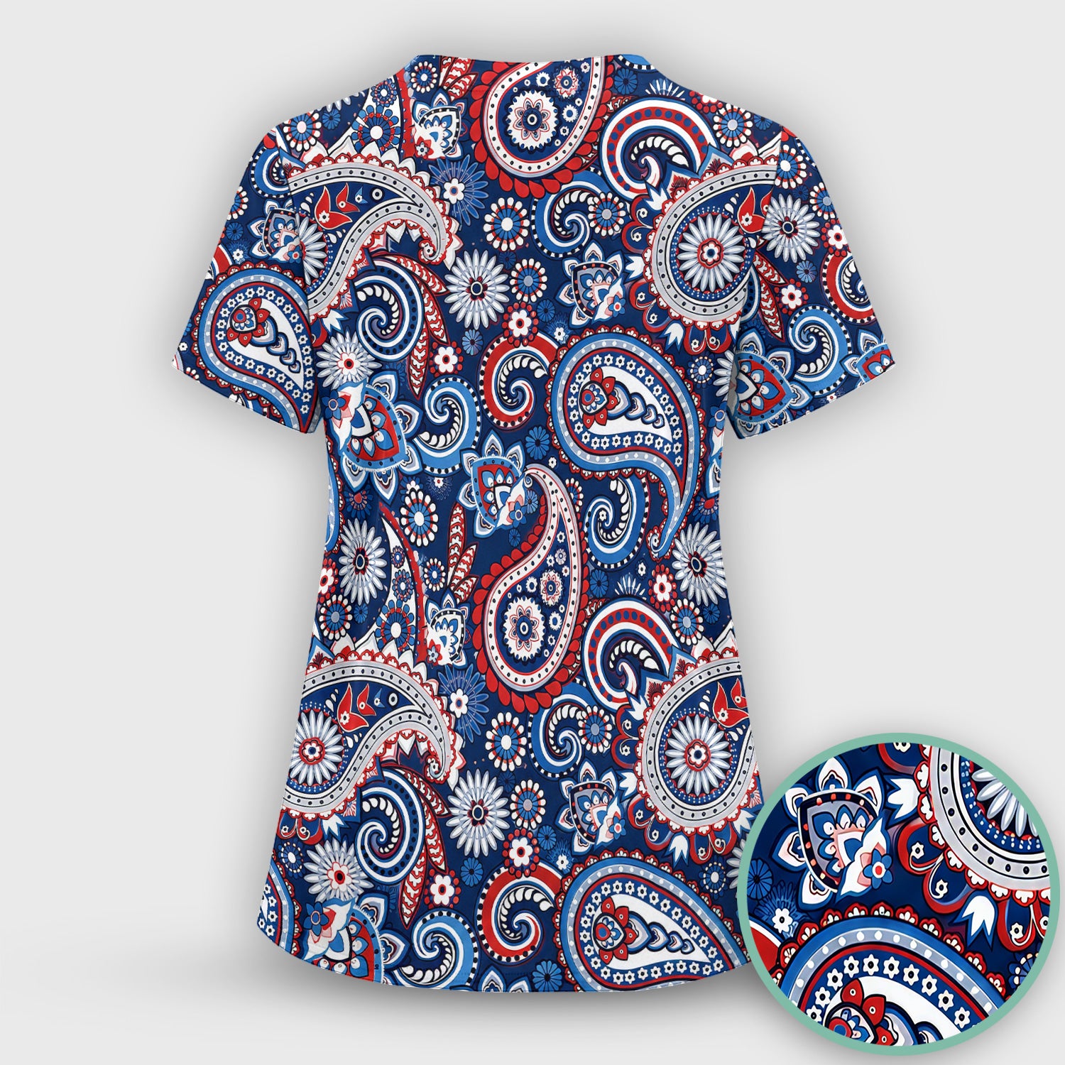 Patriotic Red White Blue Paisley Pattern Scrub Top, Comfortable Scrubs for Nurses
