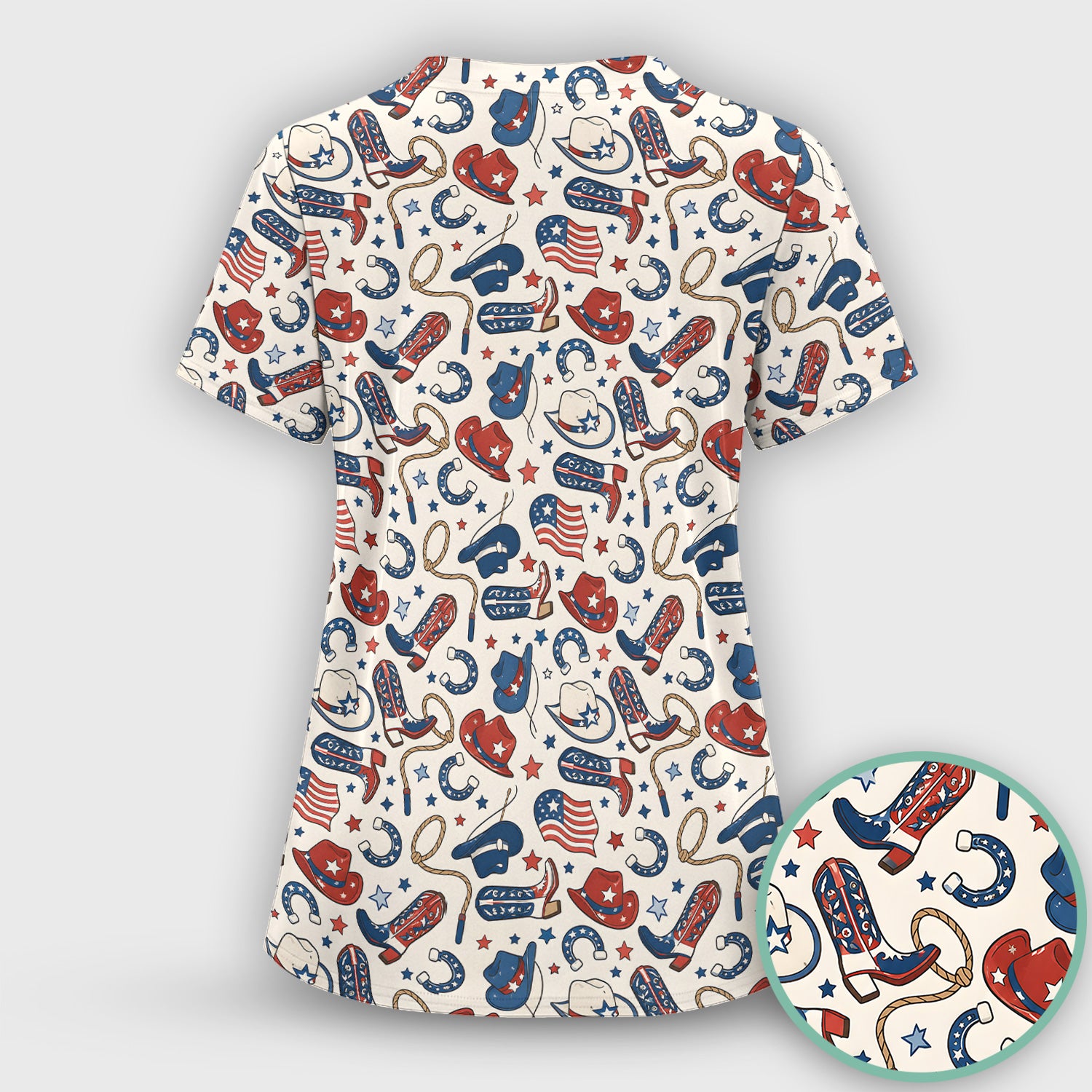 Patriotic Cowboy Boots Horseshoe Pattern Scrub Set, Scrub Pants and V Neck Top