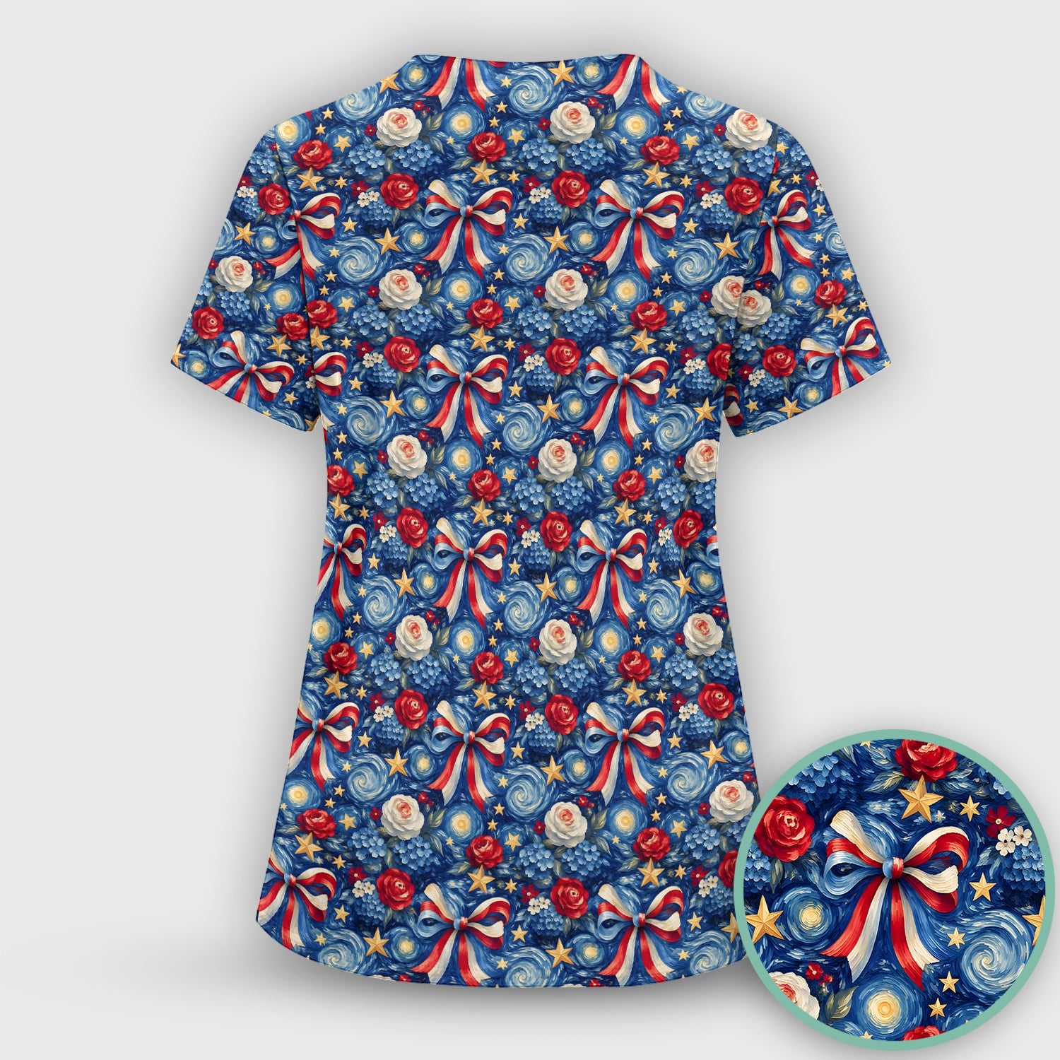 Patriotic Starry Bow Nurse for RN, CNA, Healthcare Workers Scrub Set, Scrub Pants and V Neck Top