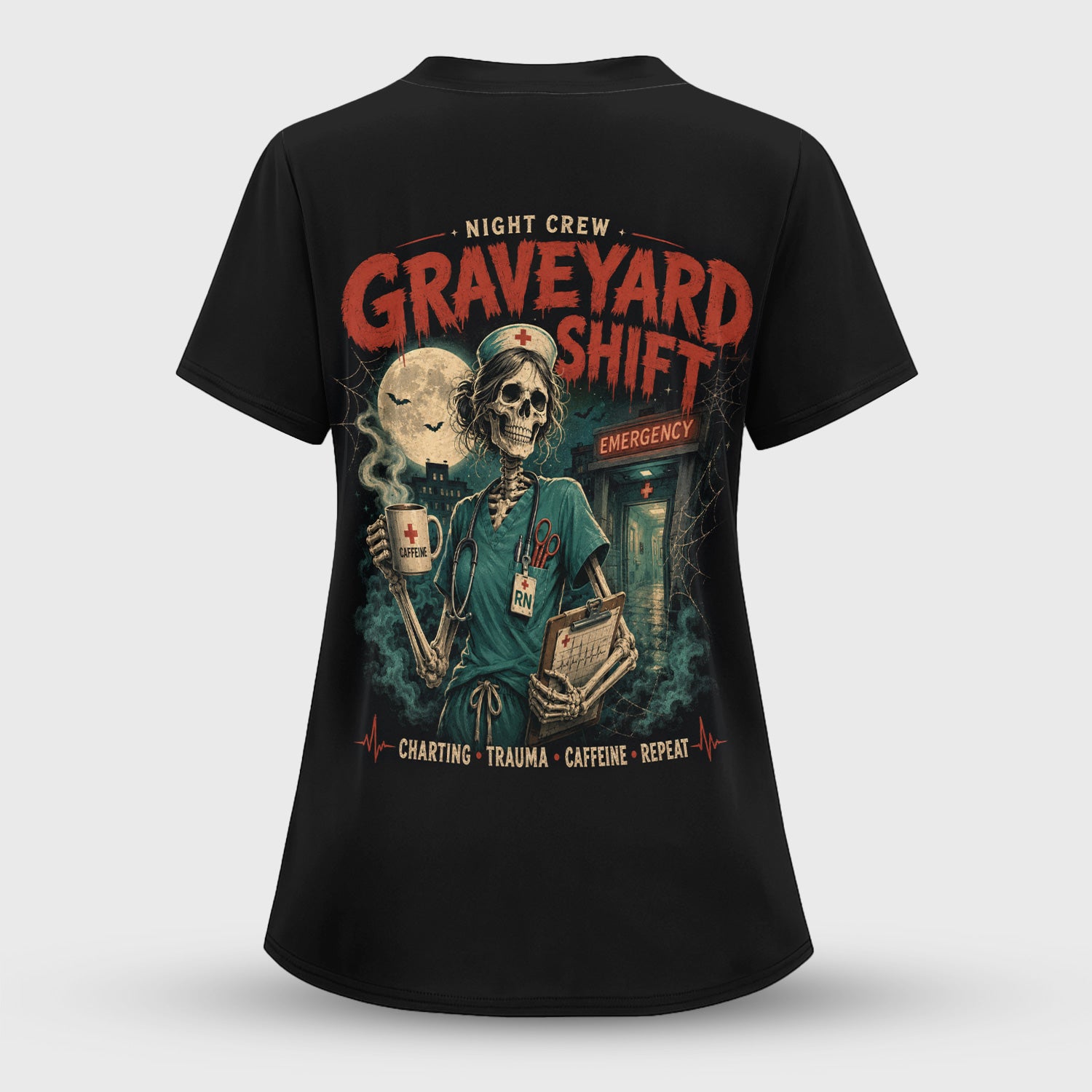 Spooky Graveyard Shift Skeleton Nurse Scrub Top, Comfortable Scrubs for Nurses