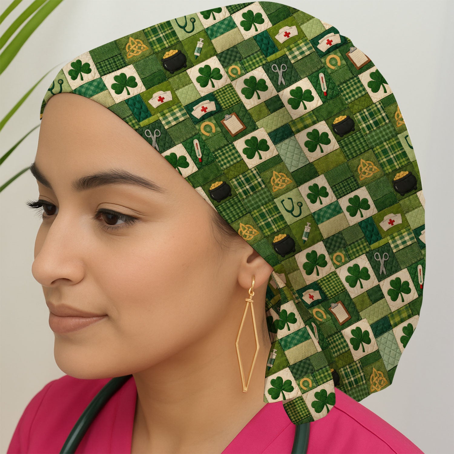 St Patrick Medical Patchwork Shamrock Bouffant Cap, Surgical Caps for Doctors