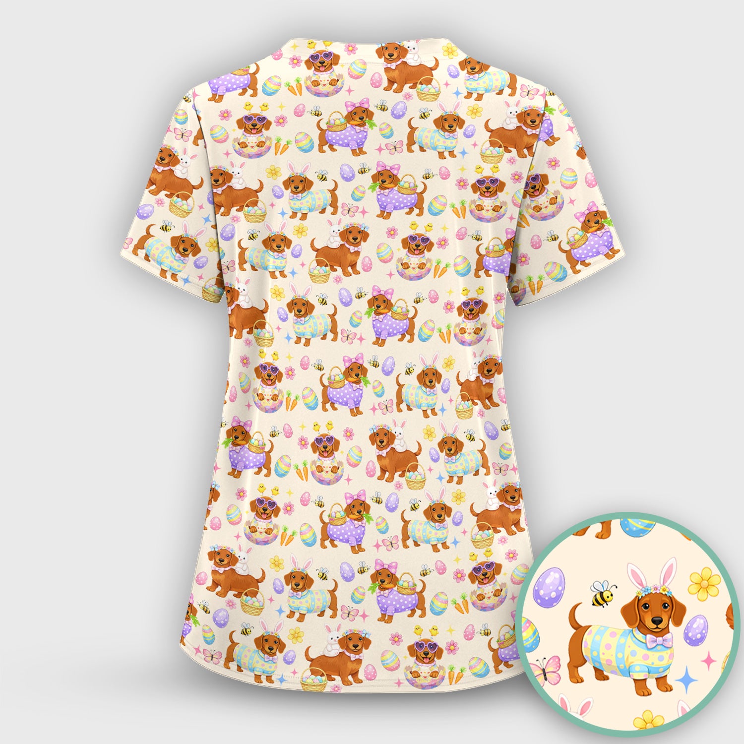Cute Easter Dachshund Dog Pattern Scrub Top, Breathable Healthcare Uniform Top