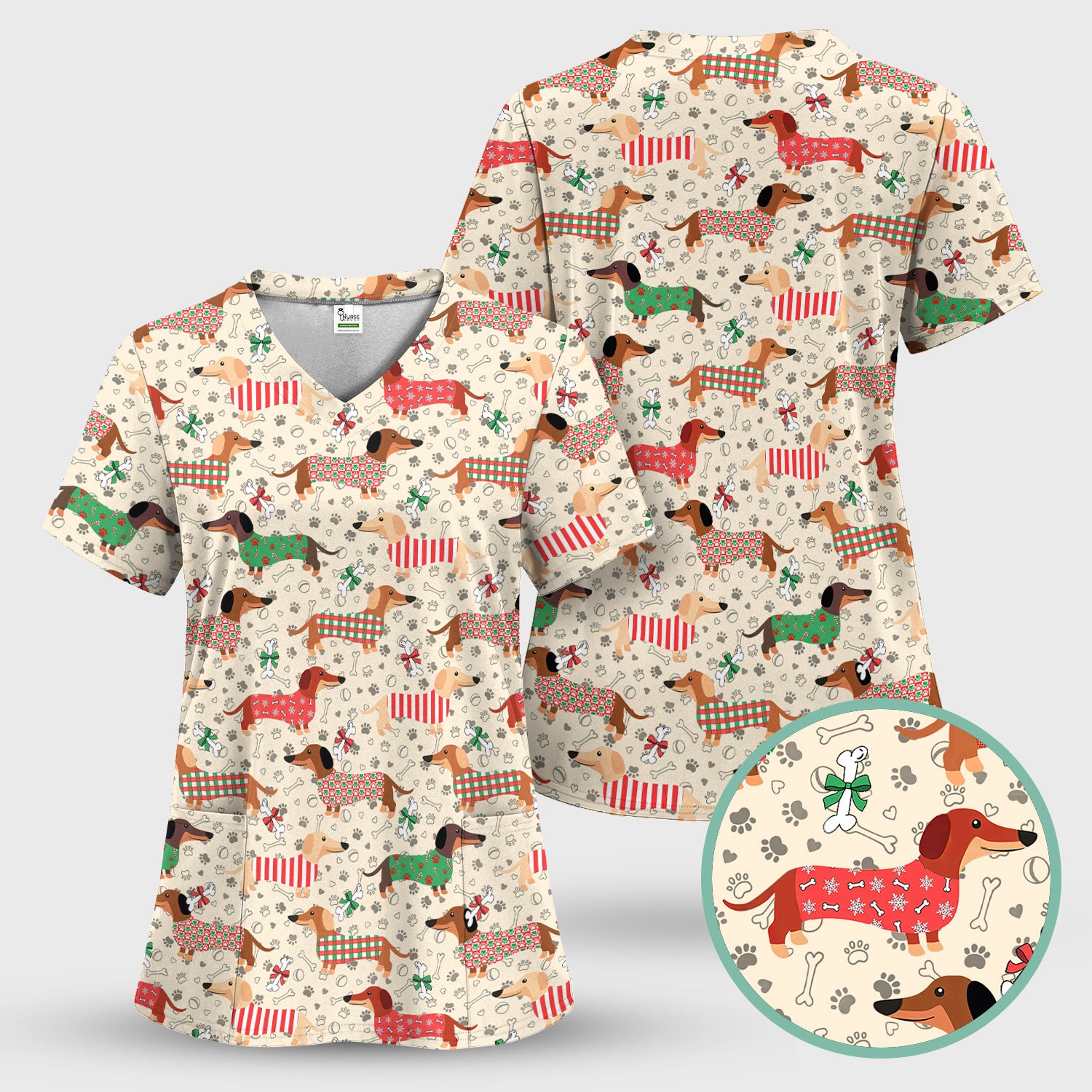 Christmas Sausage Dog Scrub Top - Festive Dachshund Holiday Nursing Shirt - Cute Puppy Lover Gift