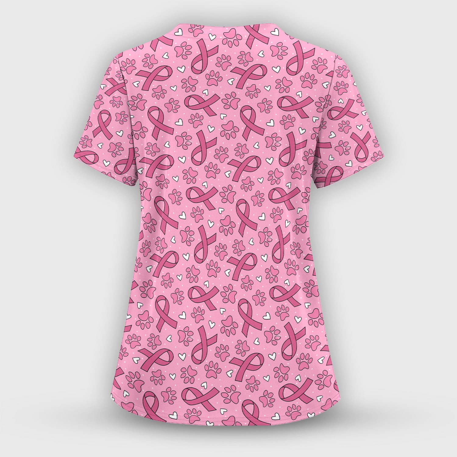 Pink Ribbon Paw Print Scrub Top, Comfortable Scrubs for Nurses